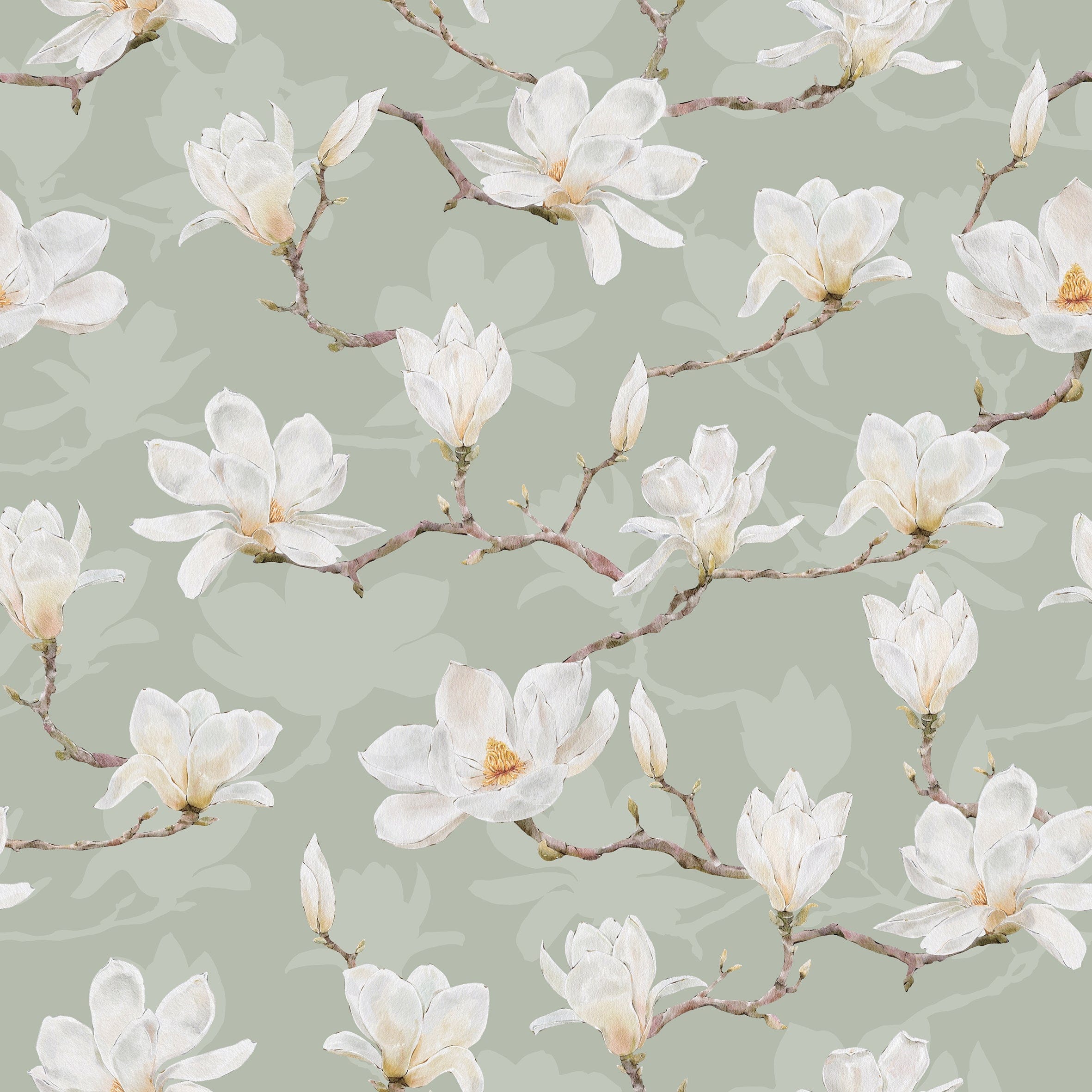 A close-up of the Watercolour Magnolia Wallpaper, highlighting the detailed brush strokes and soft color palette of the white magnolias set against a muted green backdrop, perfect for adding a touch of botanical beauty and tranquility to any room.