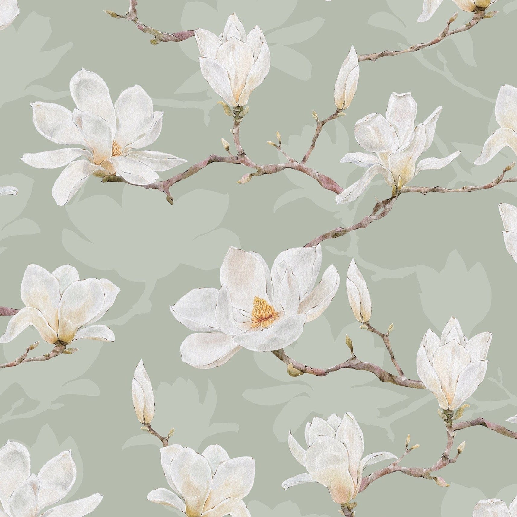 A close-up of the Watercolour Magnolia Wallpaper, highlighting the detailed brush strokes and soft color palette of the white magnolias set against a muted green backdrop, perfect for adding a touch of botanical beauty and tranquility to any room.