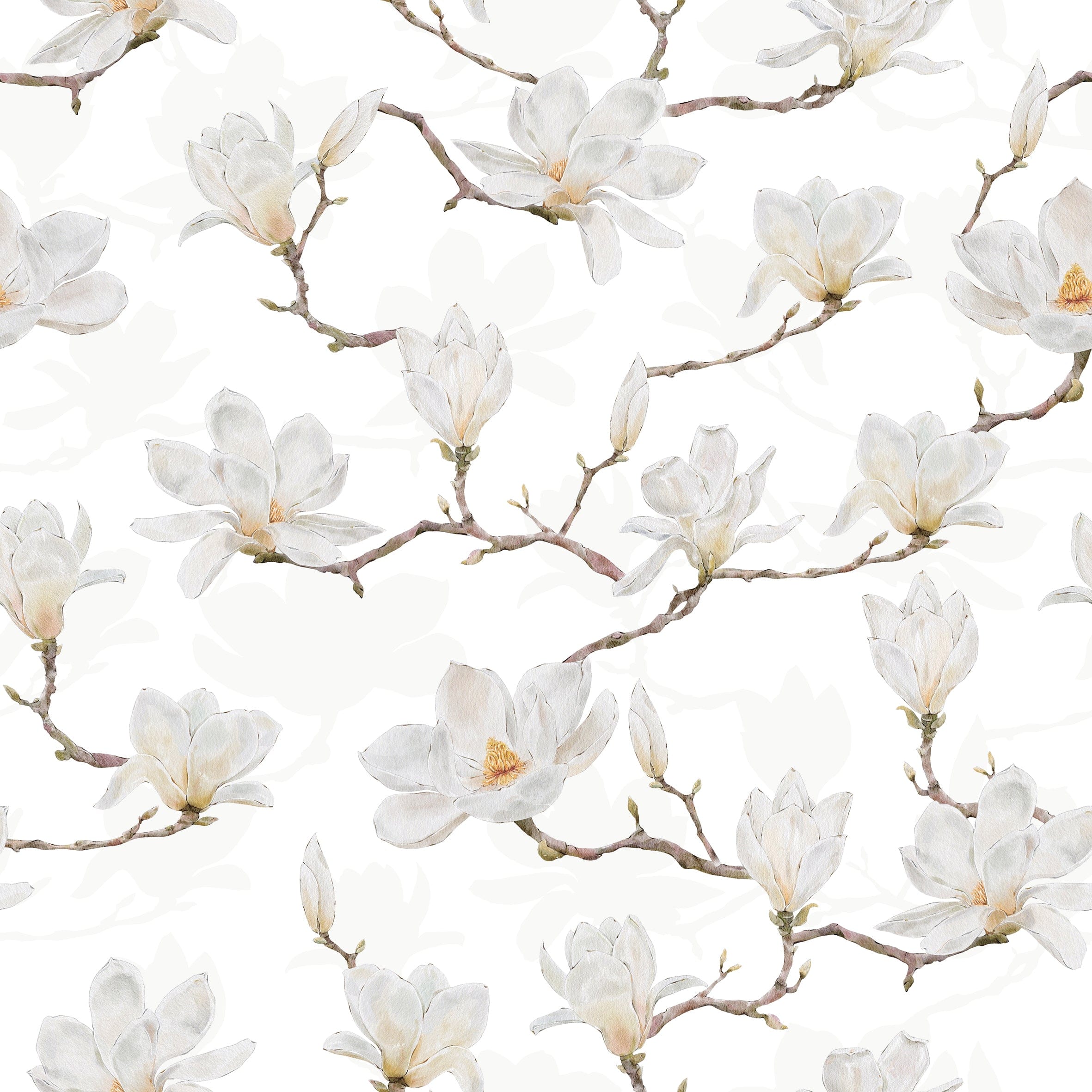 A close-up of the white watercolour magnolia wallpaper, displaying the delicate, hand-painted appearance of the magnolia blossoms and branches against a white background.