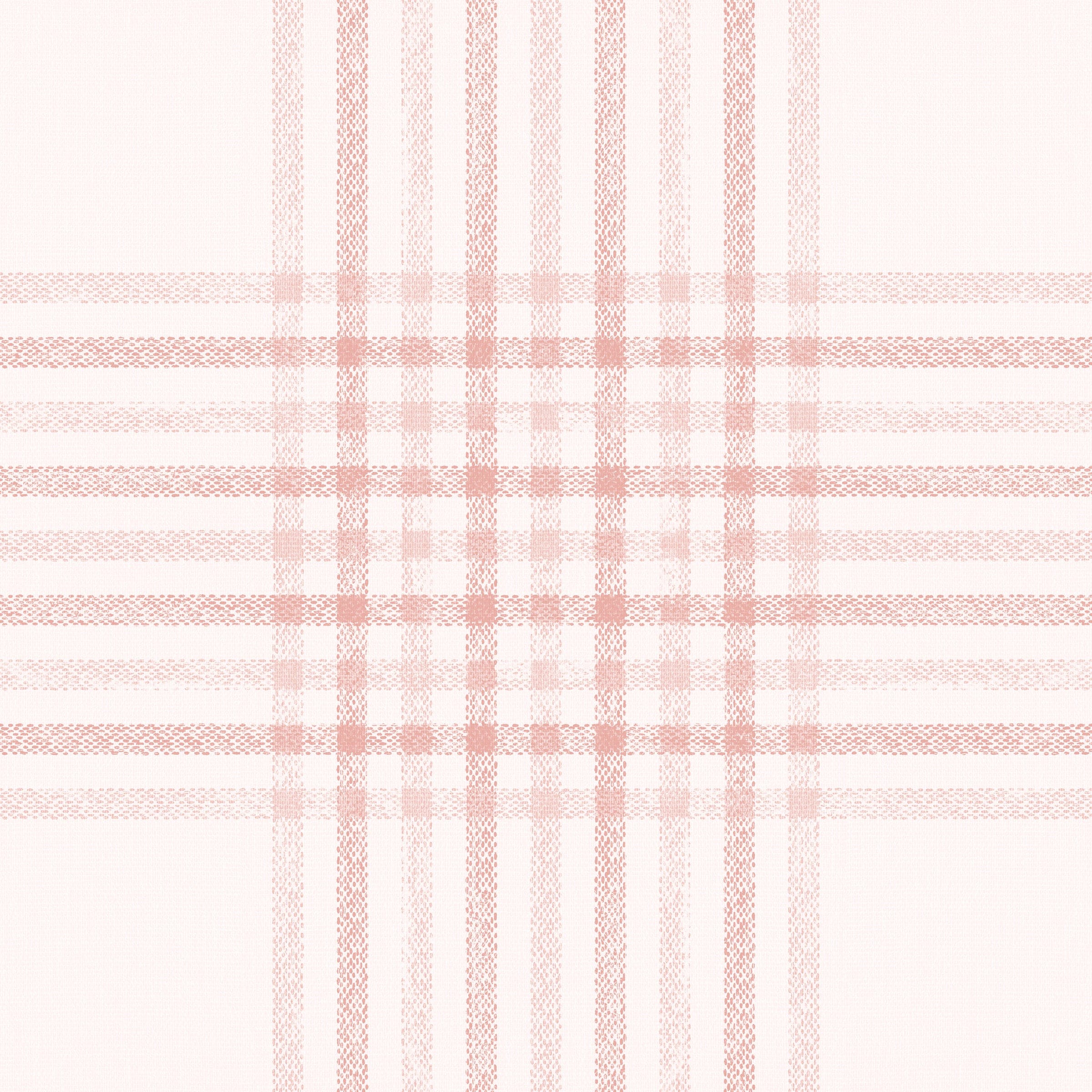 A close-up view of pink plaid wallpaper showcasing a delicate checkered pattern in soft pink hues. The design features intersecting lines that create a classic plaid look, perfect for adding a touch of warmth and charm to any room.