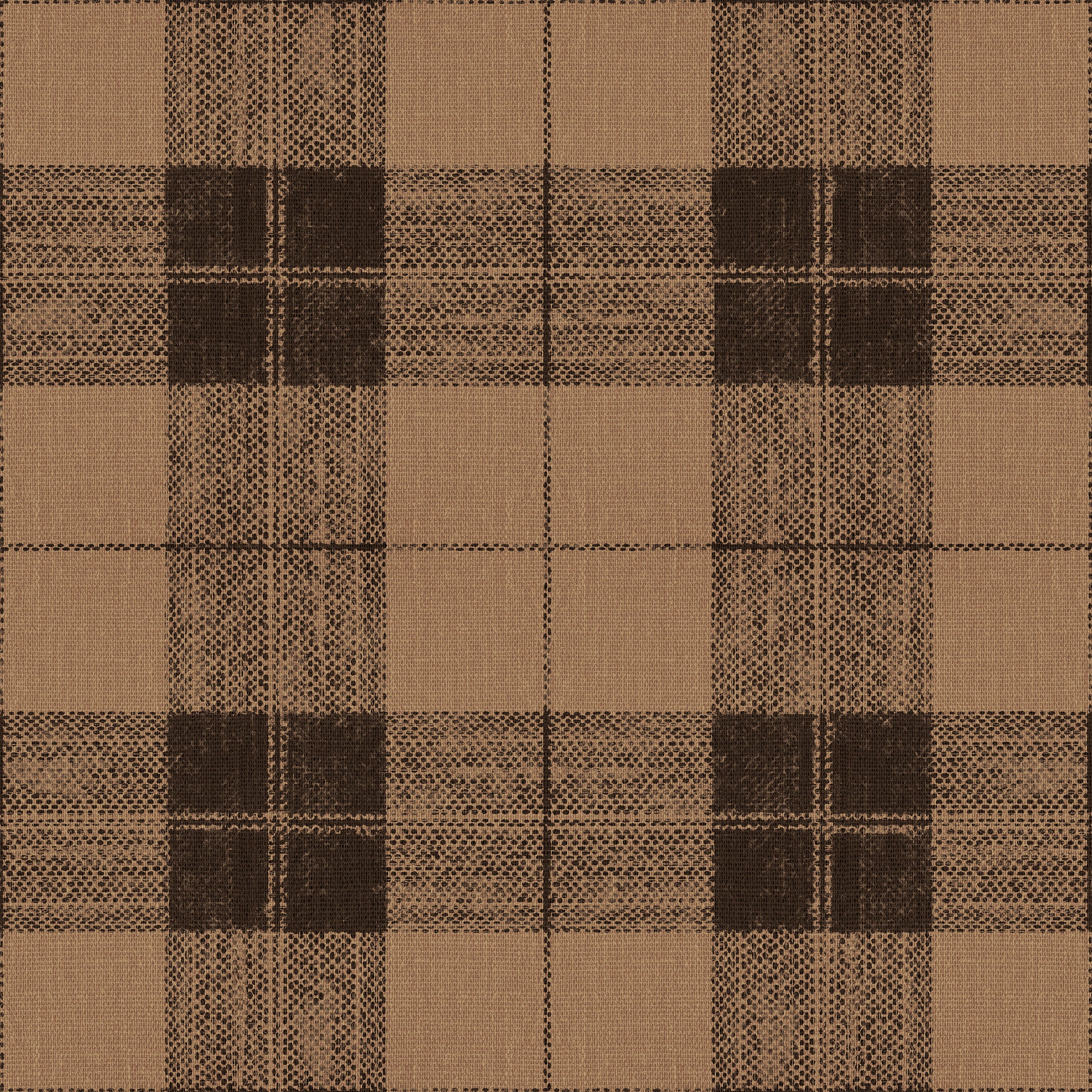 A seamless pattern of Four Square wallpaper featuring a classic checkered design in tan and black hues. The grid pattern showcases intersecting lines of black and tan, creating a bold and sophisticated look. The texture adds depth and richness to the design.