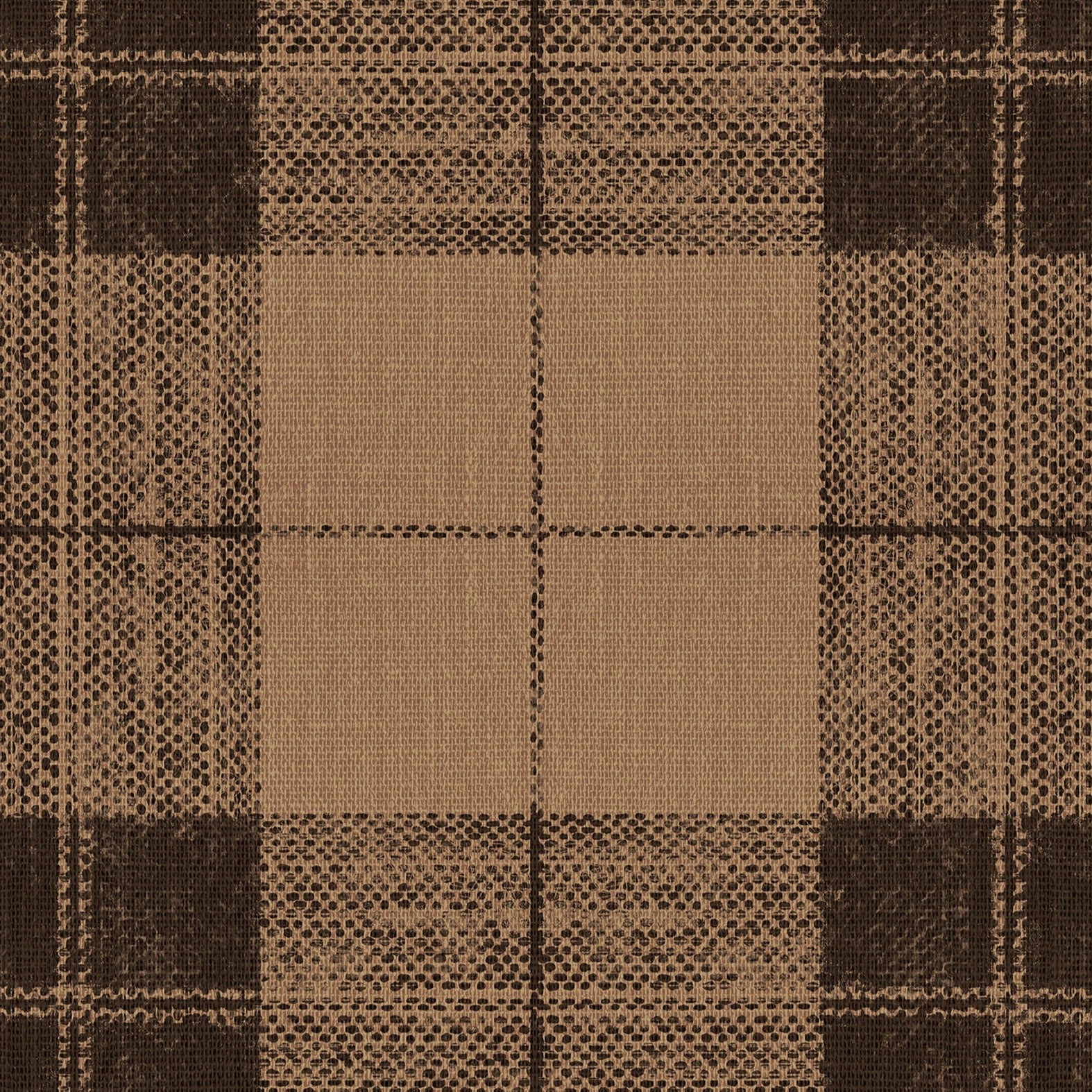 A seamless pattern of Four Square wallpaper featuring a classic checkered design in tan and black hues. The grid pattern showcases intersecting lines of black and tan, creating a bold and sophisticated look. The texture adds depth and richness to the design.