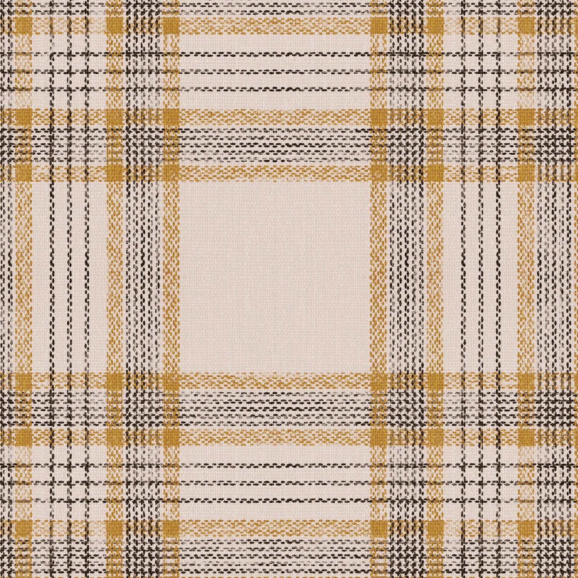 A seamless pattern of tartan wallpaper featuring a classic checkered design in black and gold hues. The grid pattern showcases intersecting lines of black, gold, and white, creating a bold and sophisticated look. The texture adds depth and richness to the design.
