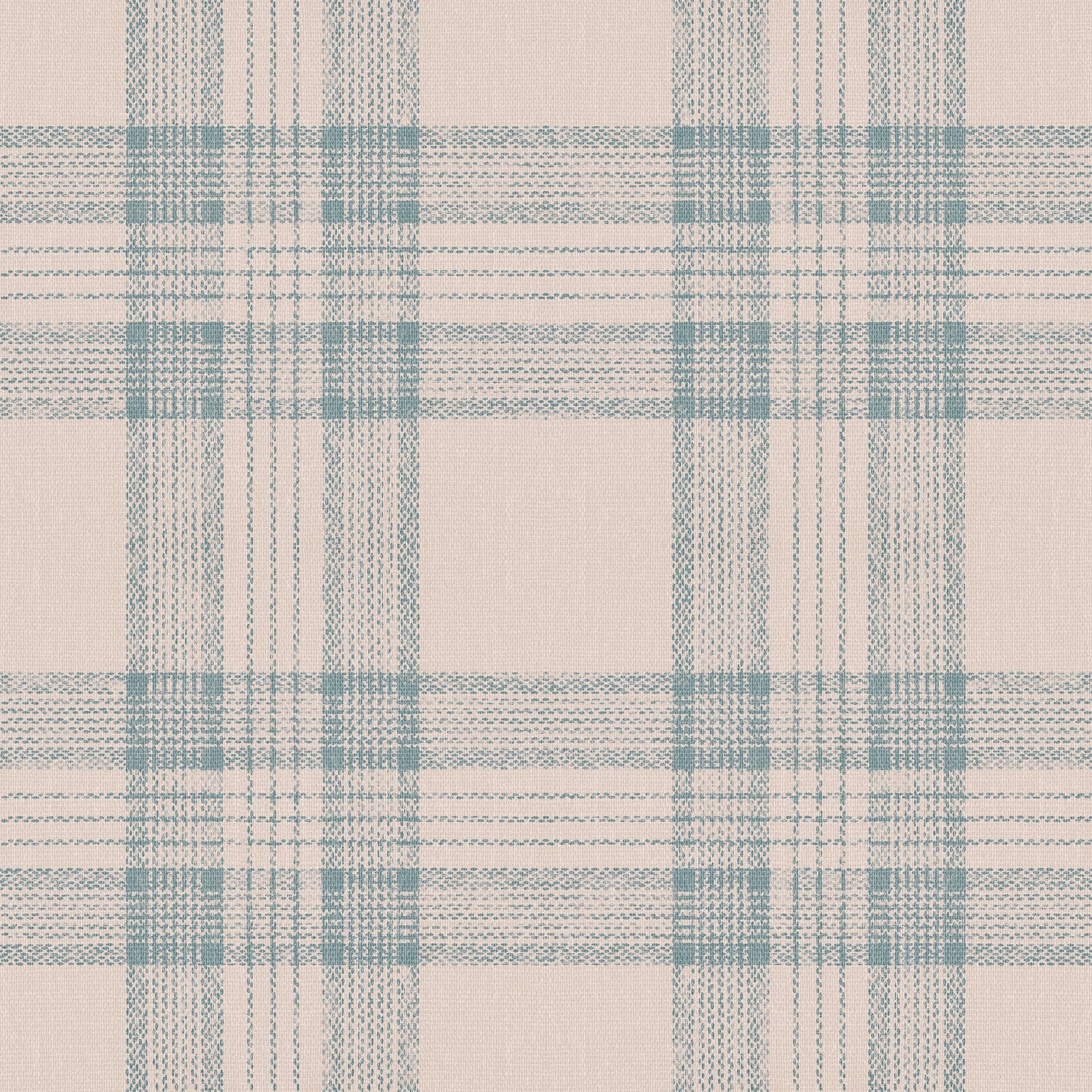 A close-up of the 'Plaid Wallpaper - Tartan Sand and Sky,' showcasing its elegant pattern with intersecting lines of sandy beige and sky blue over a textured off-white base. The design exudes a subtle rustic charm and sophisticated simplicity, perfect for creating a relaxed yet chic atmosphere in any room.