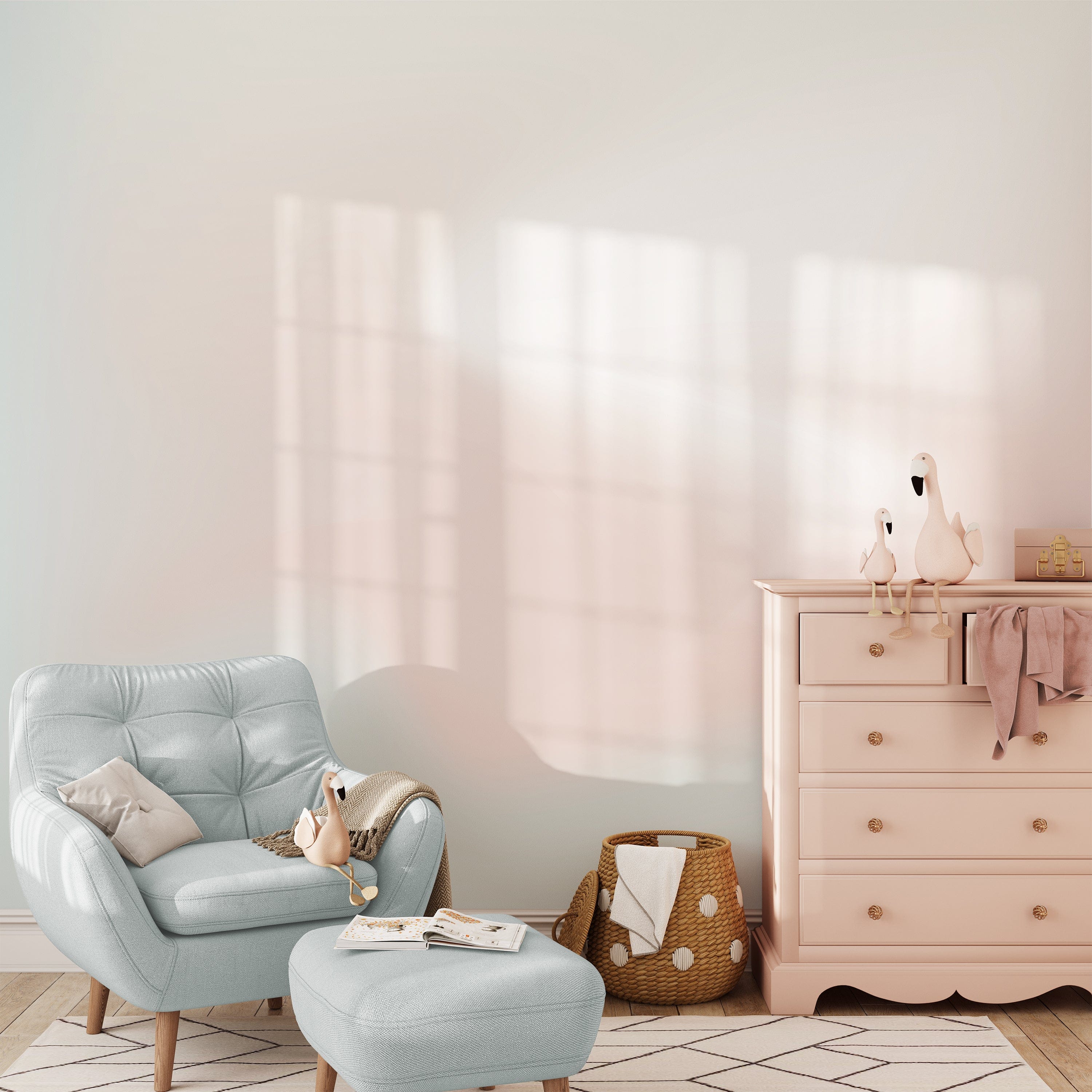 A cozy nursery setup featuring the Soft Gradient wallpaper mural, with a comfortable armchair, ottoman, and pastel-colored dresser.