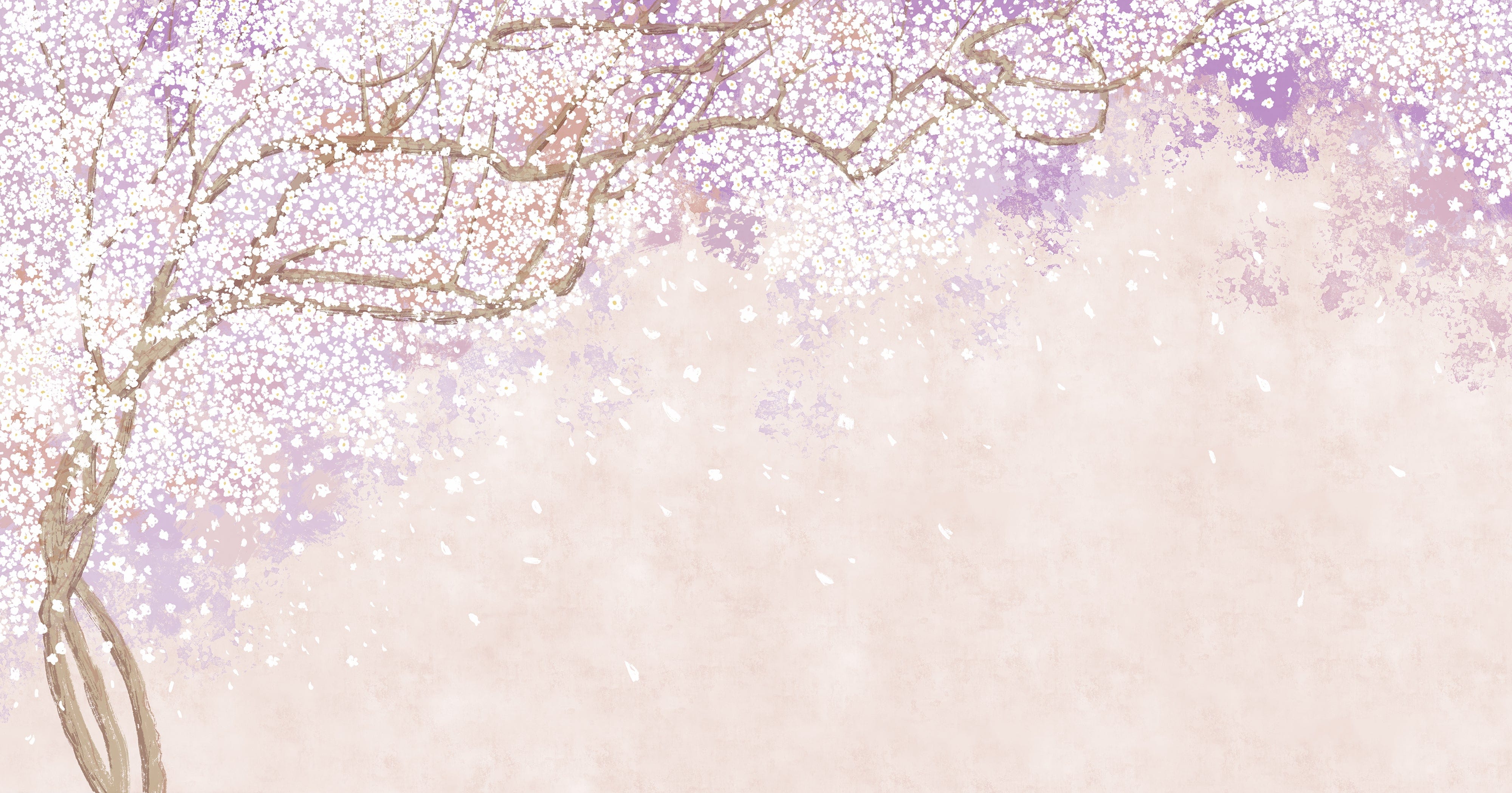 Close-up view of the Sakura Nursery Kid Wallpaper Mural displaying the intricate details of a cherry blossom tree with branches covered in white and pink flowers against a soft, pastel background