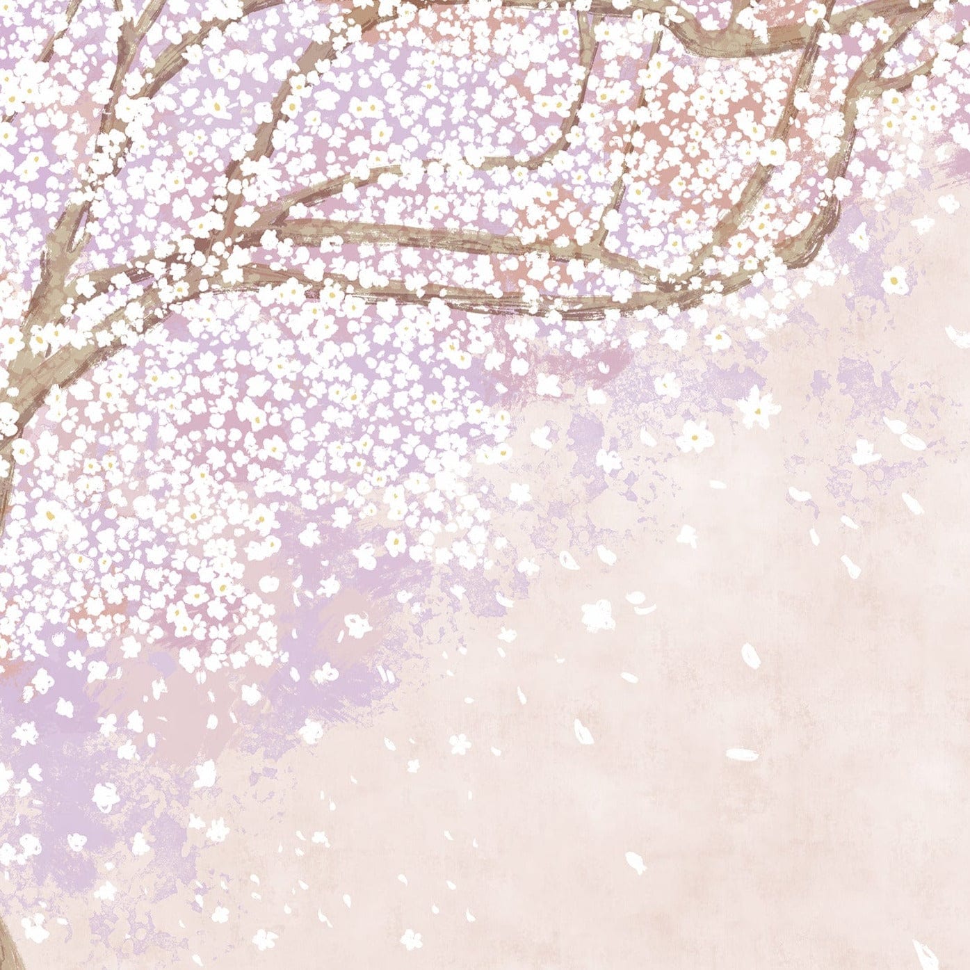 Close-up view of the Sakura Nursery Kid Wallpaper Mural displaying the intricate details of a cherry blossom tree with branches covered in white and pink flowers against a soft, pastel background