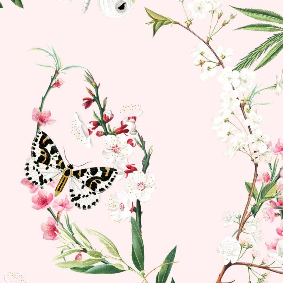 A detailed view of the Enchanting Butterflies Wallpaper, showcasing its intricate design of butterflies and blooming branches on a soft pink background. The delicate pattern features black and white butterflies and vibrant green leaves, creating a whimsical and serene ambiance.