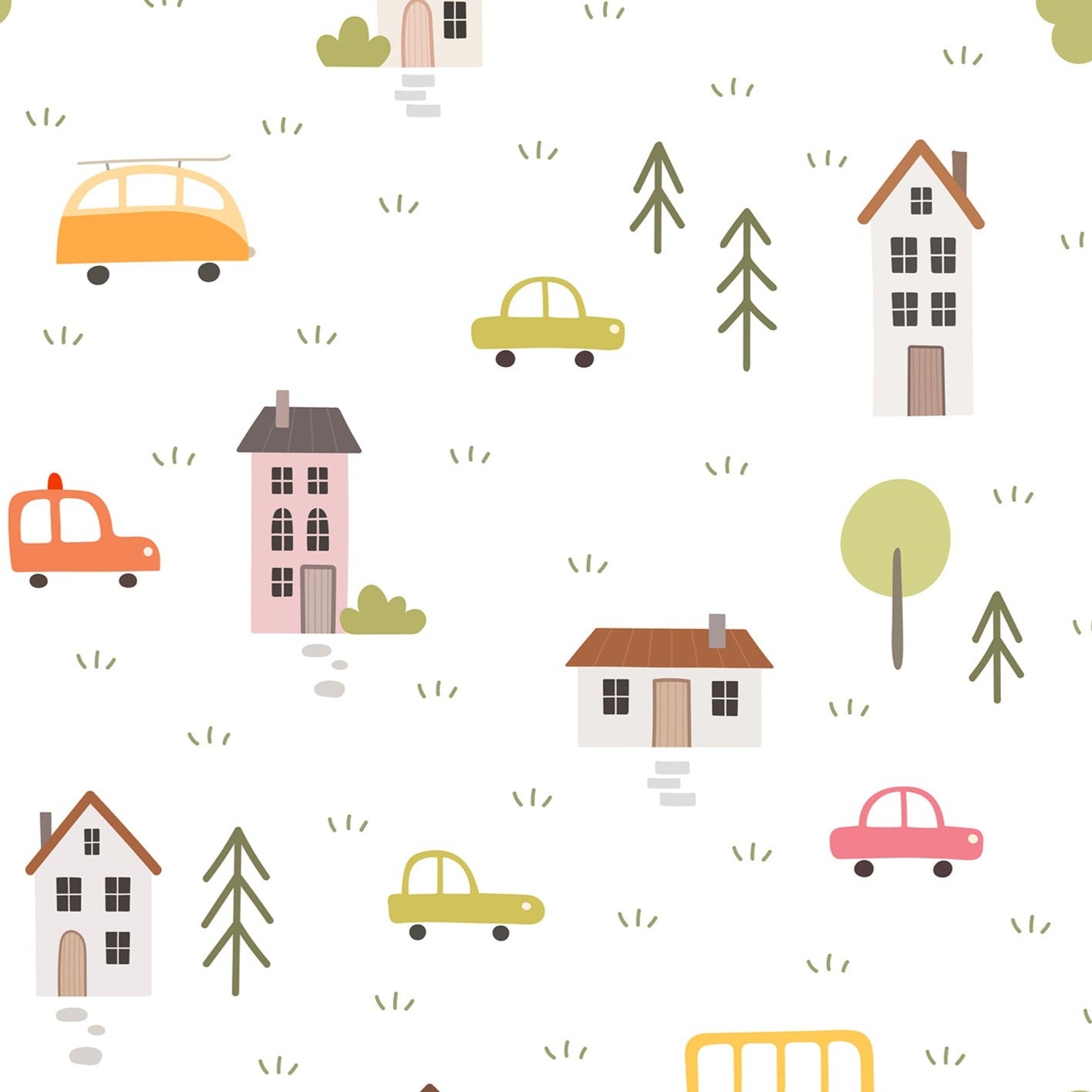 School Bus Wallpaper featuring a playful pattern of colorful cars, buses, houses, and trees on a white background, creating a cheerful and whimsical scene