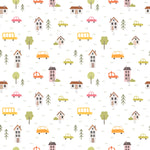 School Bus Wallpaper featuring a playful pattern of colorful cars, buses, houses, and trees on a white background, creating a cheerful and whimsical scene
