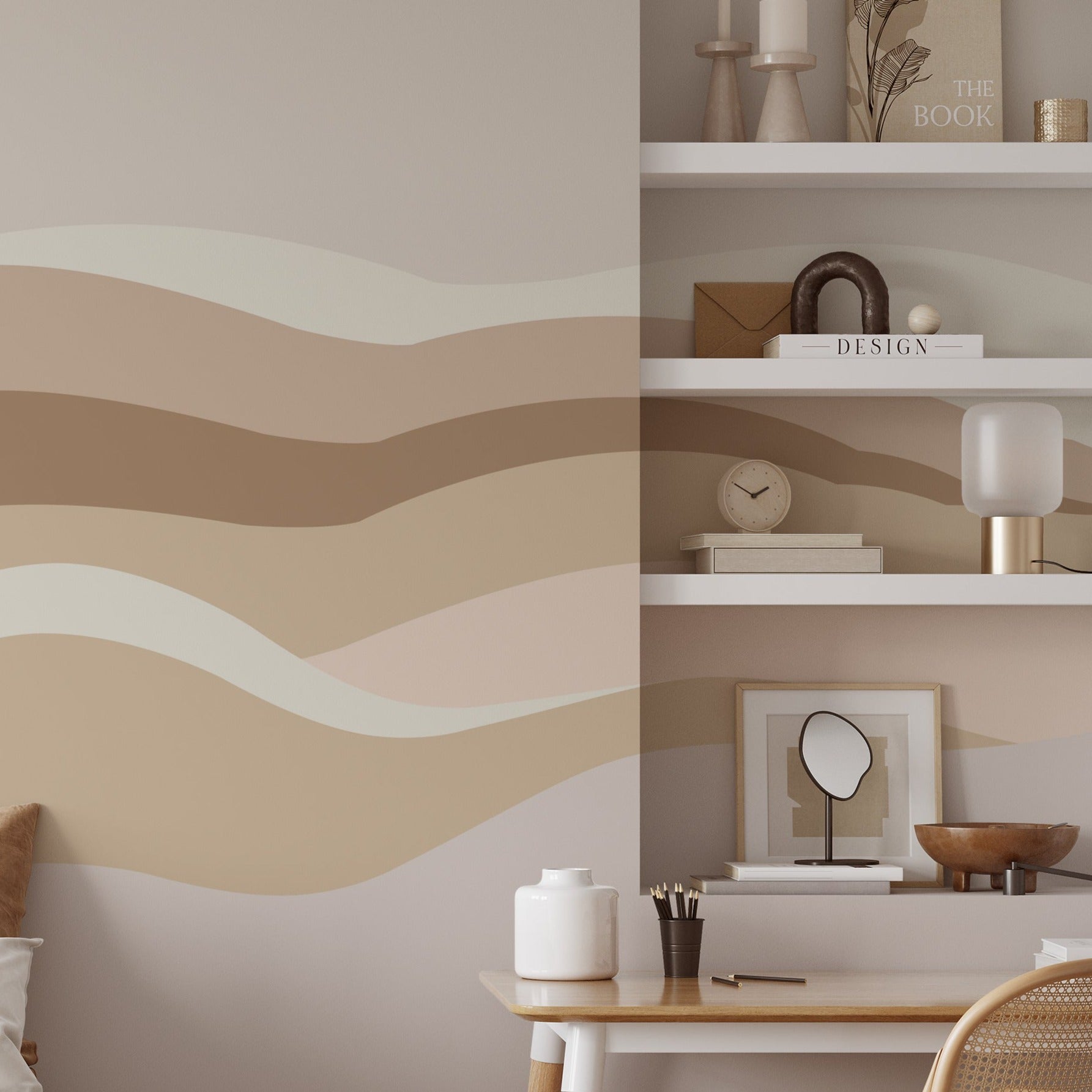 Modern Landscape Wall Mural Wallpaper featuring abstract wavy lines in neutral tones of beige, brown, and cream, enhancing the decor of a bedroom with a study area and stylish shelving
