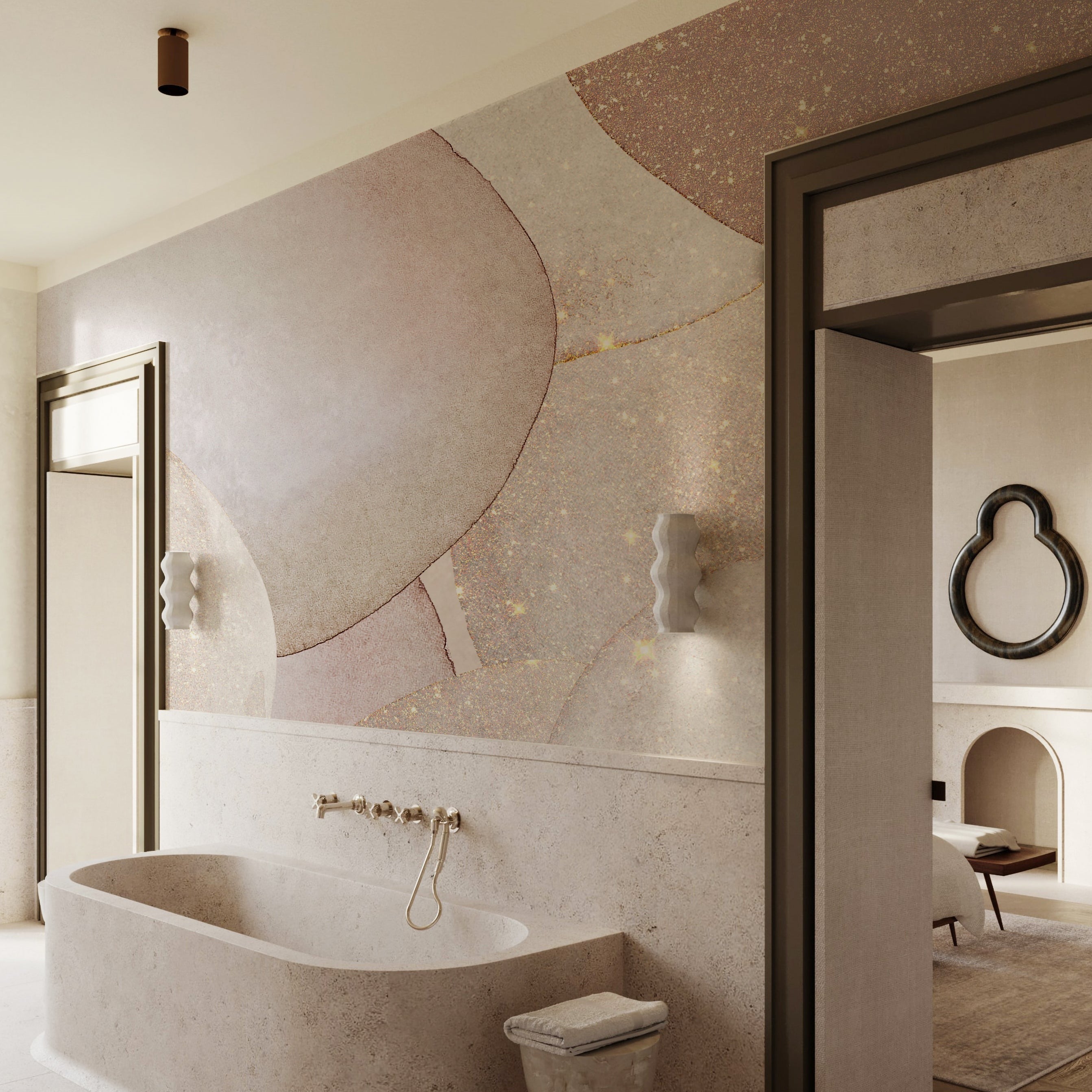 Luxury Watercolor Wall Mural Wallpaper in a modern bathroom setting, showcasing abstract watercolor shapes in pink and beige with gold highlights, creating a sophisticated and calming ambiance.