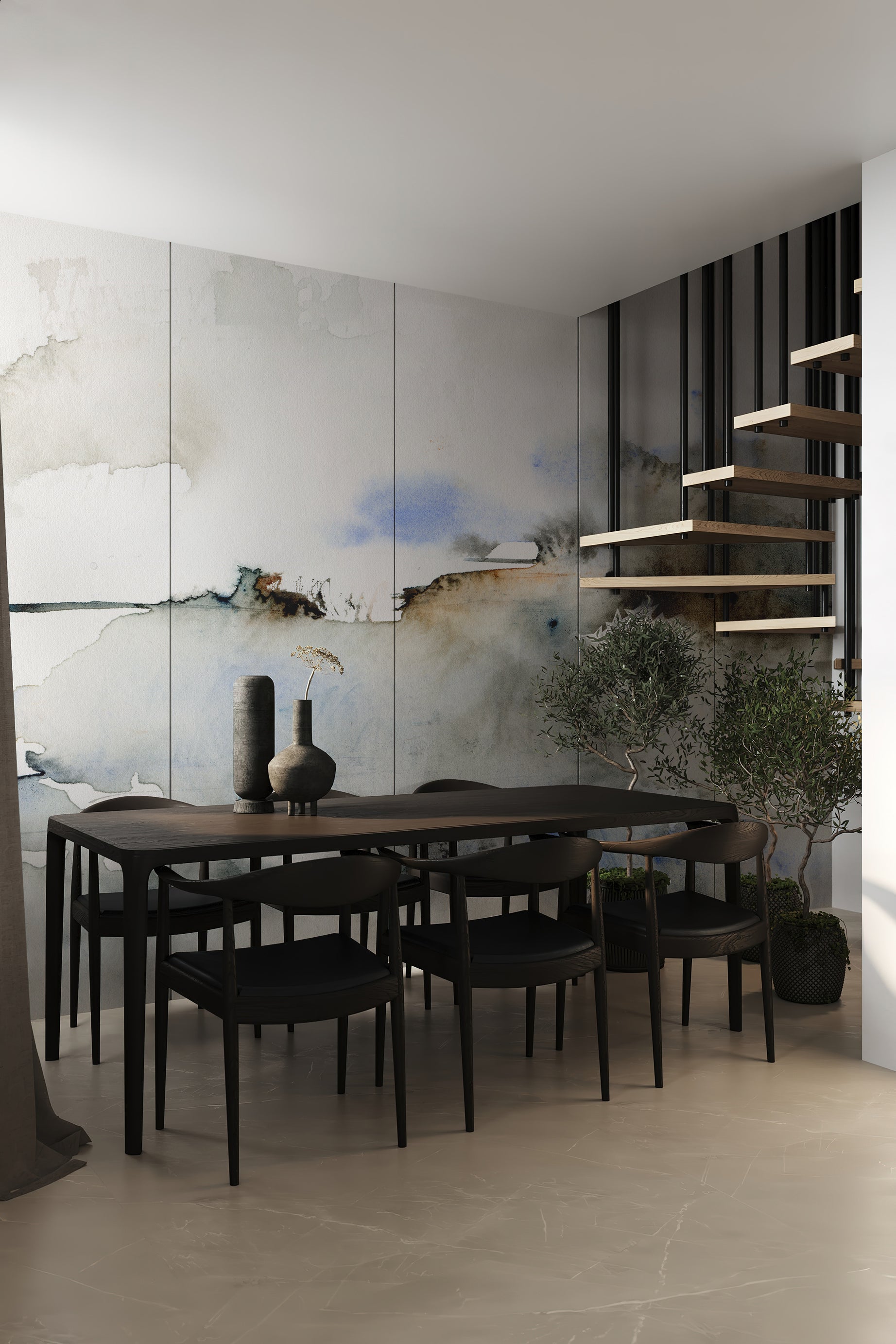 A modern dining area enhanced by the "Atmospheric Mural" wall mural, which brings an artistic, storm-like ambiance to the room. The mural's swirling grays and blues are complemented by the simple black dining set and minimalist decor, creating a dramatic yet calm dining environment.