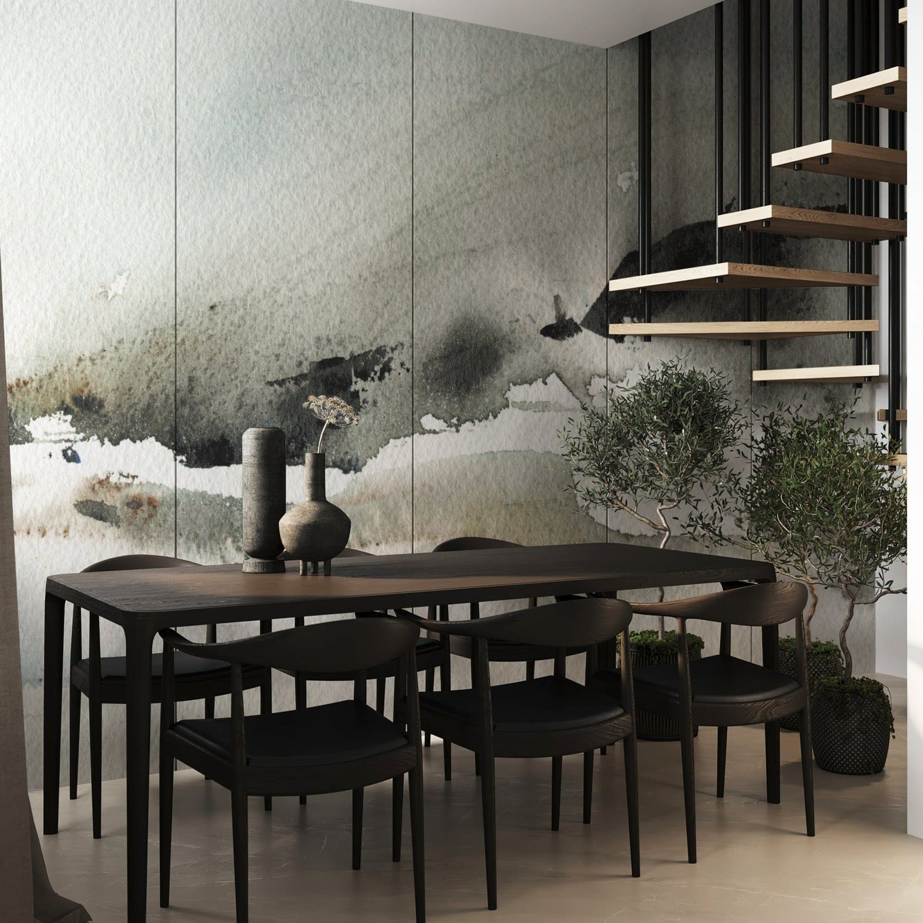 A dining area adorned with the "Atmospheric Abstraction" wall mural, showcasing a sweeping abstract landscape in muted tones. The elegant mural serves as a dramatic backdrop to a modern dining table surrounded by dark chairs, adding a touch of sophistication to the space.