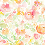 A close-up view of the Bright and Colorful Floral Wallpaper, showcasing a watercolor painting of various flowers in full bloom. The flowers, in hues of pink, orange, and yellow, are interspersed with greenery, creating a vivid and dynamic botanical scene on a light background