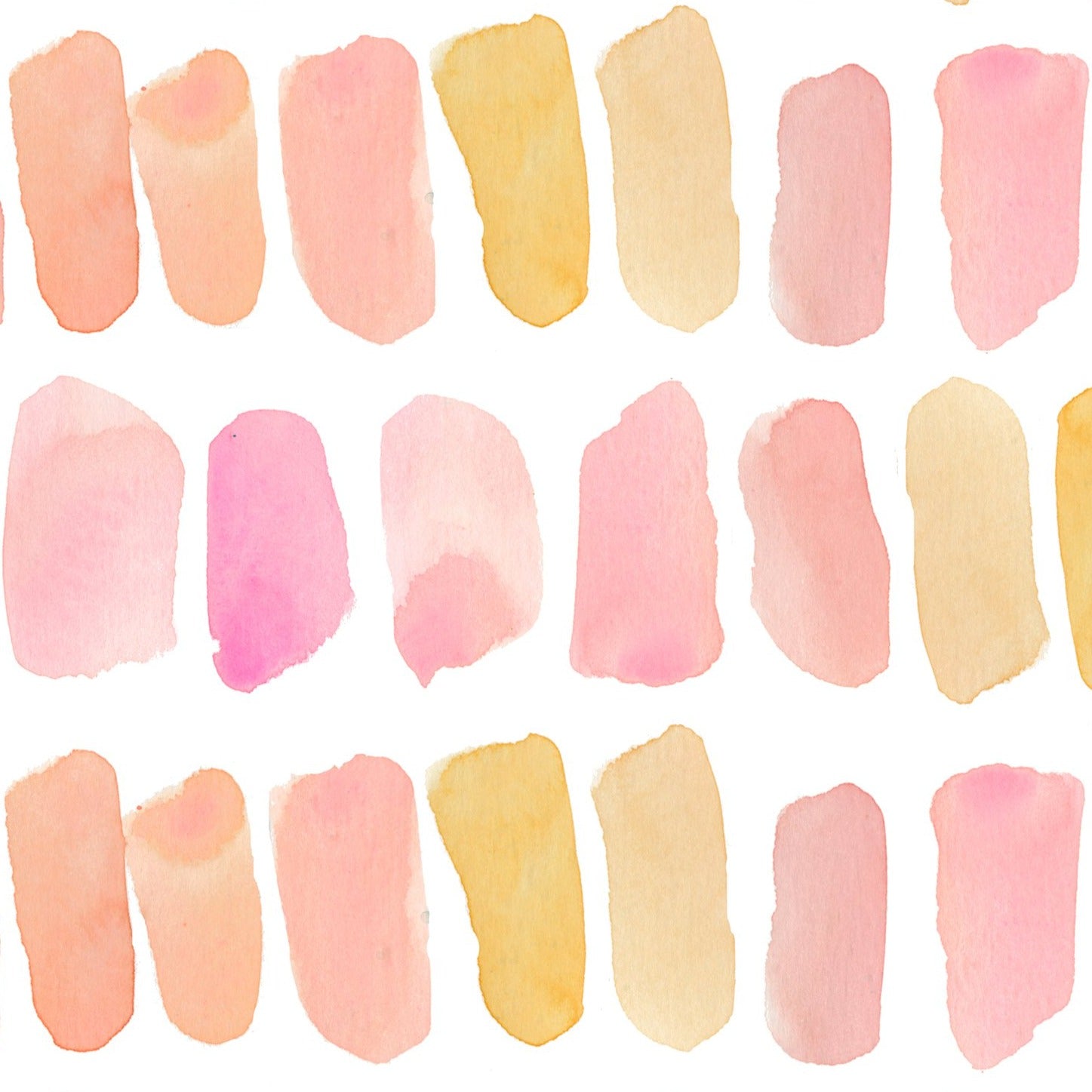 Close-up of the hand-painted wallpaper displaying a pattern of irregularly shaped dashes in shades of pink, peach, and yellow. The texture and watercolor style of the painting give it a soft and inviting appearance.