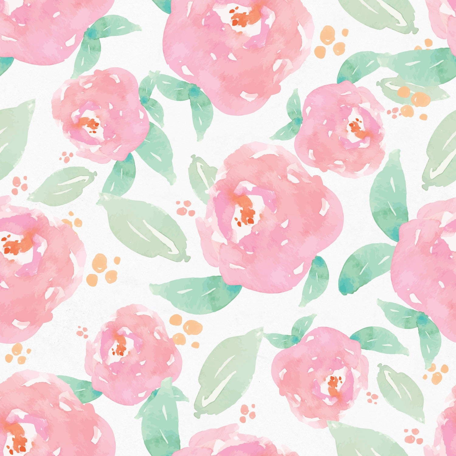 Seamless pattern of bright nursery floral wallpaper with soft pink peonies and scattered green leaves
