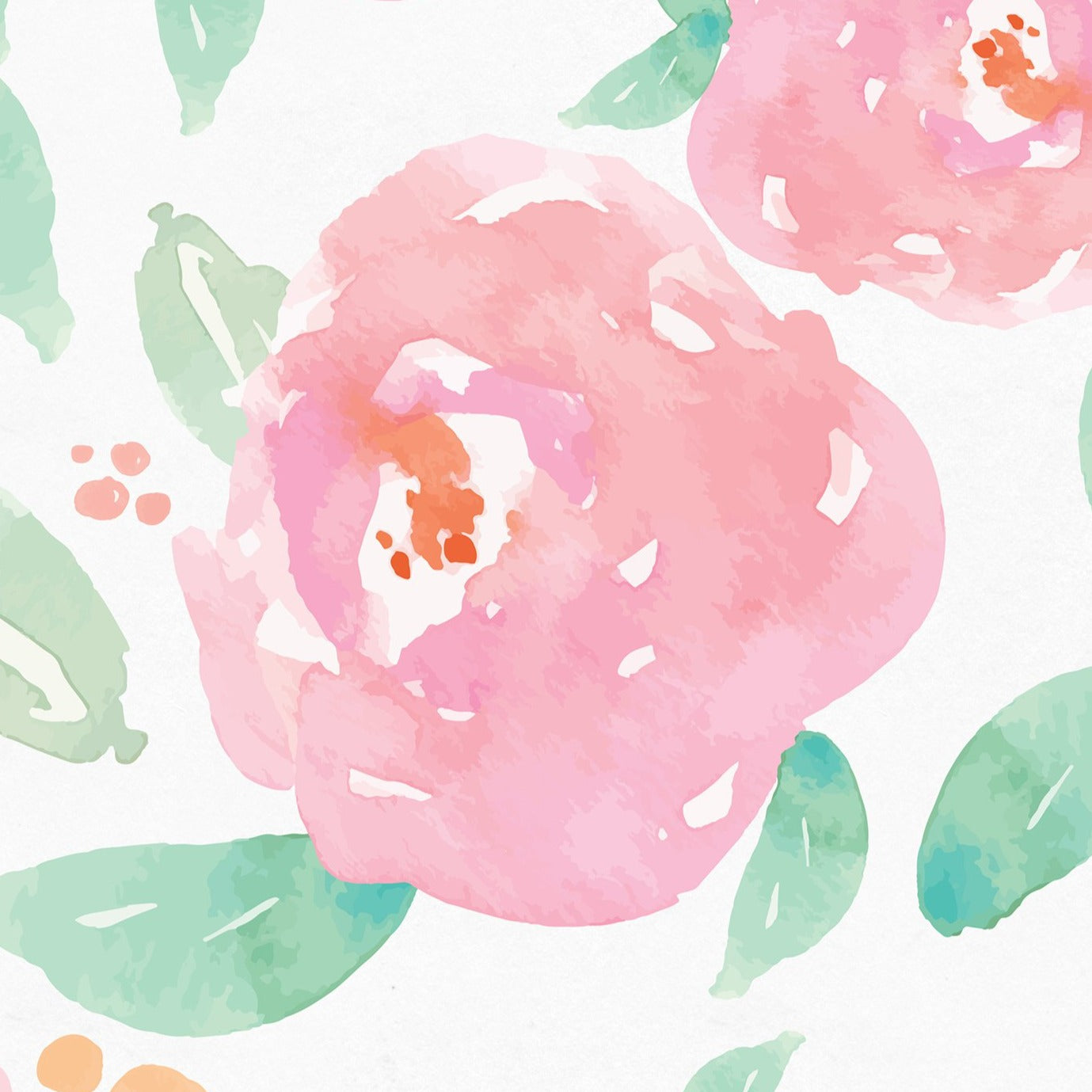 Close-up of bright nursery floral wallpaper with pink peony design and green foliage accents