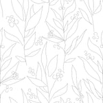 A detailed close-up of the white wallpaper with an abstract black floral design, highlighting the intricate line art of leaves and berries.