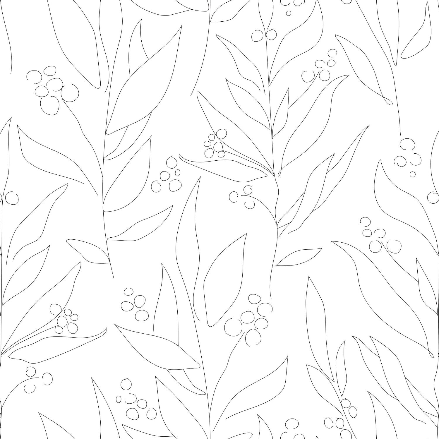A detailed close-up of the white wallpaper with an abstract black floral design, highlighting the intricate line art of leaves and berries.