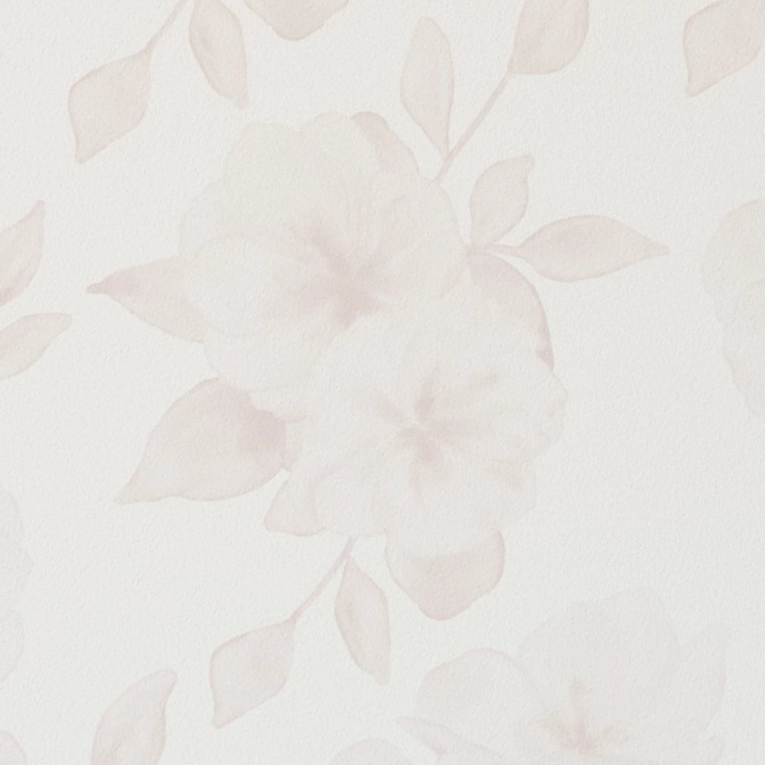 A close-up texture shot of the Minimal Floral Wallpaper V, displaying a delicate pattern of watercolor blush flowers with subtle shading on a creamy background. The soft pastel tones create a gentle and serene atmosphere.
