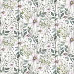 A roll of Botanical Wildflower Wallpaper II unrolled slightly to show the seamless, intricate design of purple wildflowers and greenery on a white background. This image highlights the wallpaper’s potential to create a vivid, naturalistic feel in interior spaces.