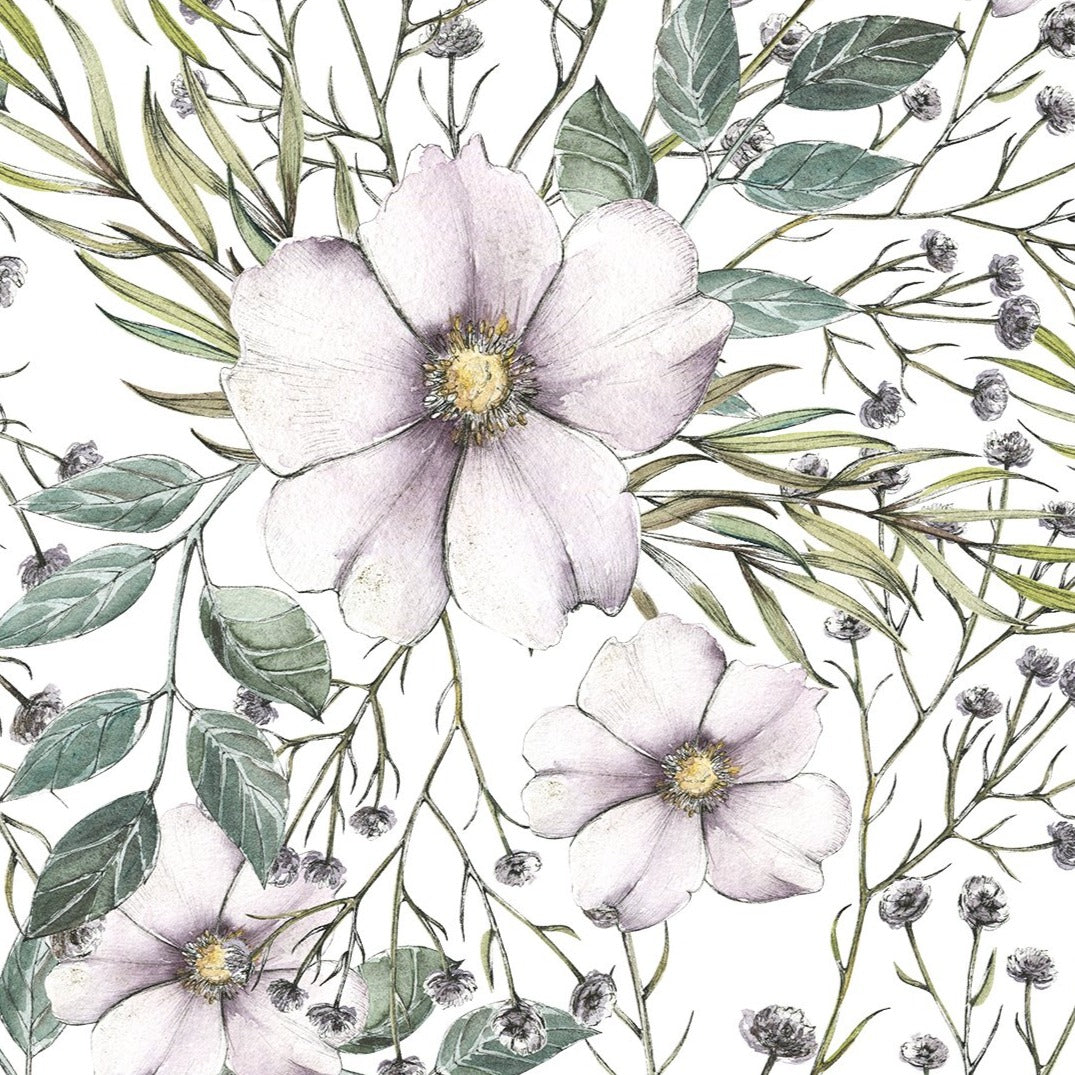 Close-up of the Botanical Wildflower Wallpaper II showcasing a detailed pattern of purple wildflowers and green foliage. The flowers are delicately painted with a watercolor effect, giving the wallpaper a soft, dreamy quality that adds a touch of artistic flair to any space.