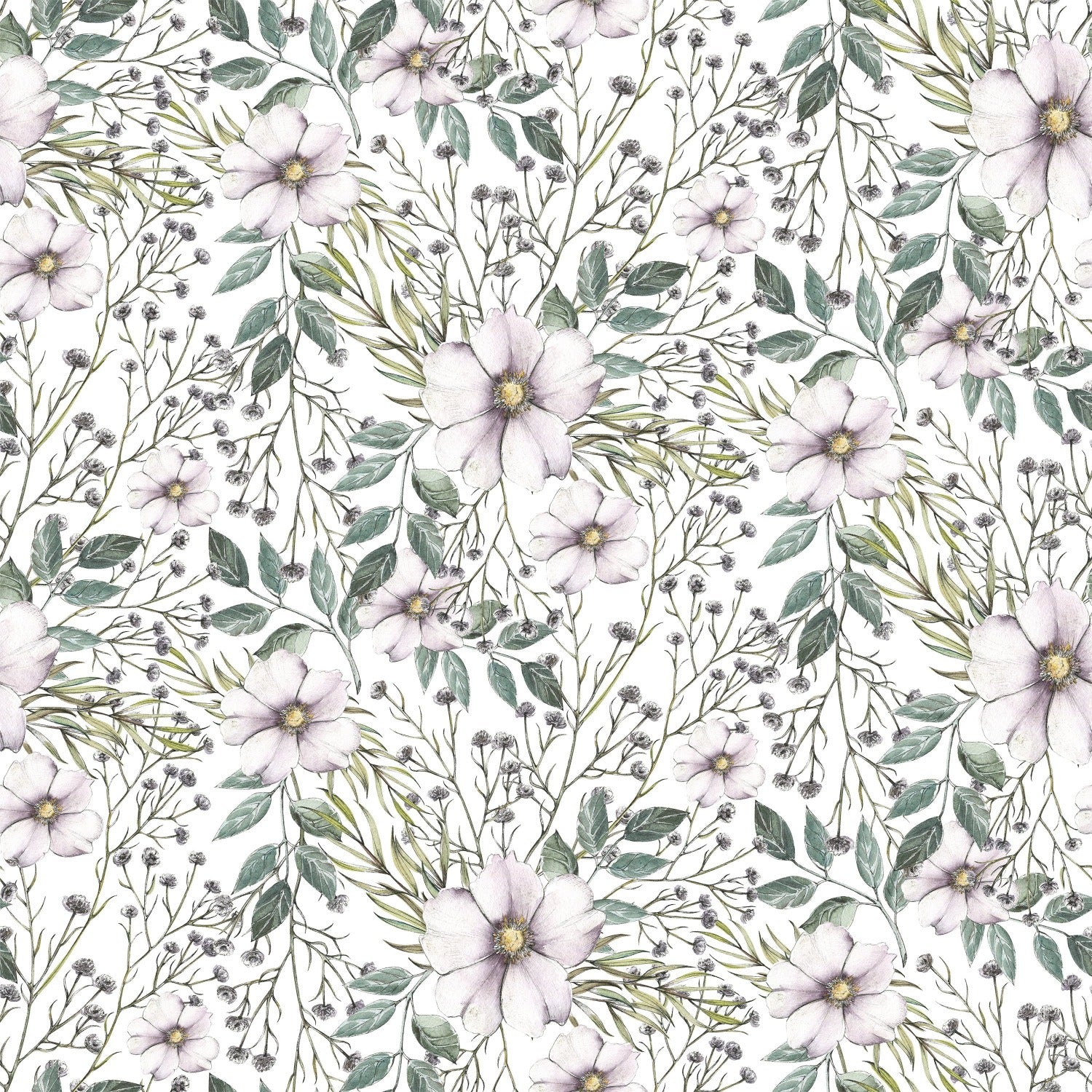 Close-up of the Botanical Wildflower Wallpaper II showcasing a detailed pattern of purple wildflowers and green foliage. The flowers are delicately painted with a watercolor effect, giving the wallpaper a soft, dreamy quality that adds a touch of artistic flair to any space.
