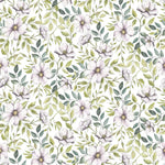 Seamless pattern of Botanical Wildflower Wallpaper with lush greenery and subtle purple blooms