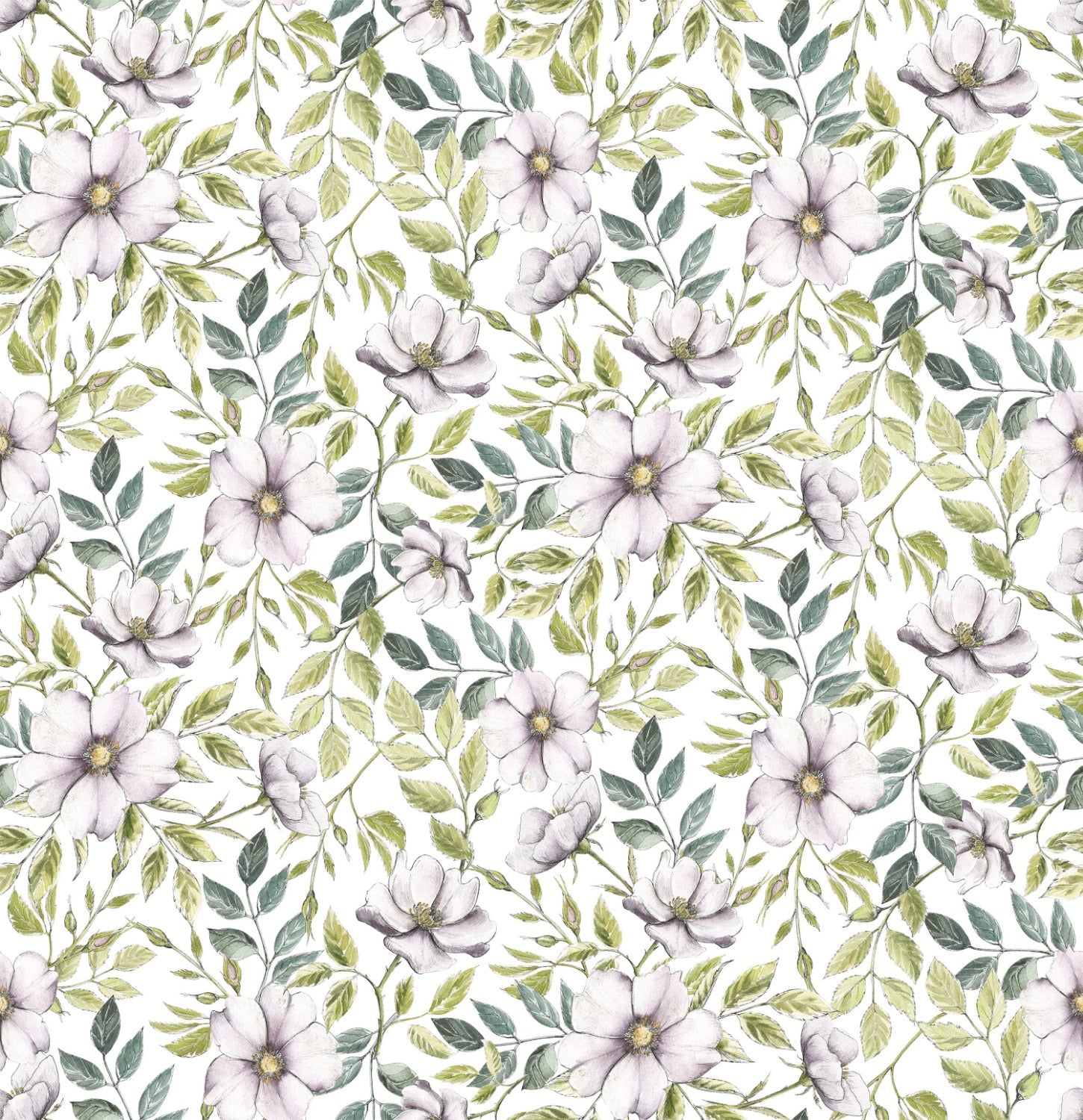 Seamless pattern of Botanical Wildflower Wallpaper with lush greenery and subtle purple blooms