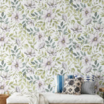 Stylish room featuring Botanical Wildflower Wallpaper with soft purple flowers and green foliage