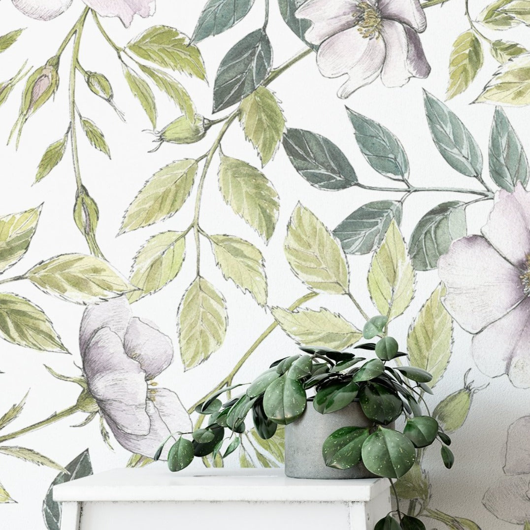 Close-up of watercolor wildflower wallpaper showcasing detailed botanical illustrations
