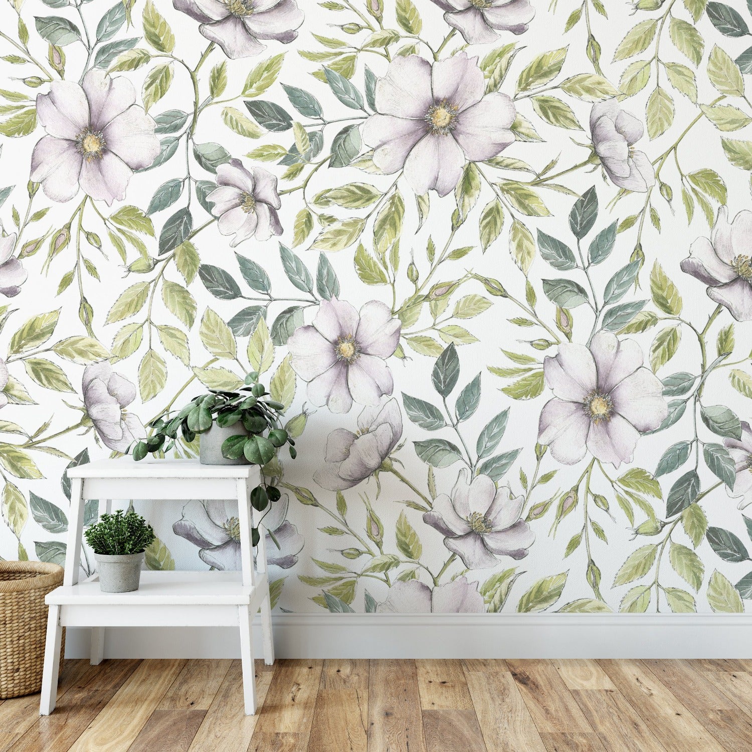 Modern living room decorated with Botanical Wildflower Wallpaper, enhancing the home ambiance