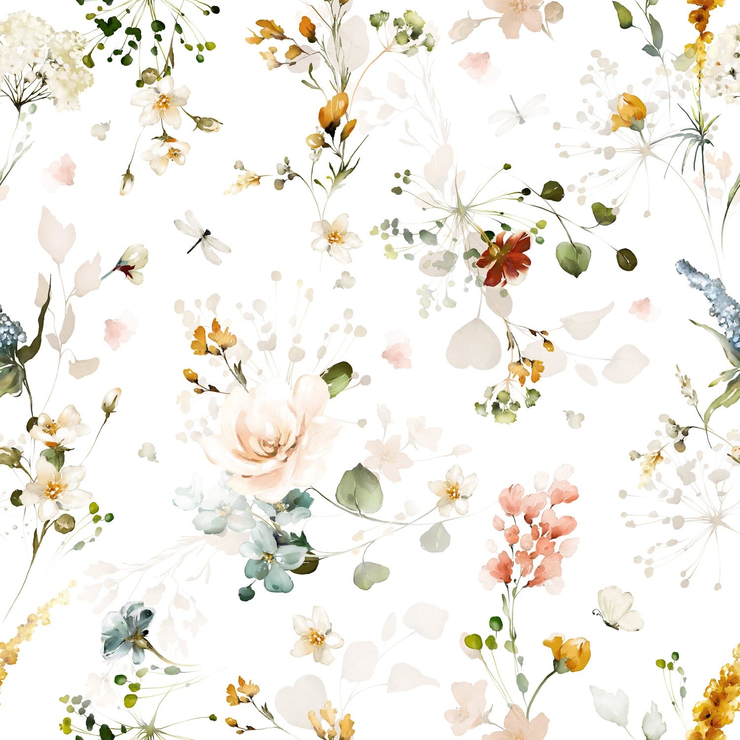 Close-up of the Fiori Wallpaper, showcasing the intricate details of its watercolor floral design with an array of garden flowers and butterflies in a delicate palette, bringing a touch of spring’s freshness to the walls