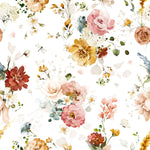A close-up view of the Garden Flower Wallpaper III, displaying a beautiful array of watercolor flowers in various shades of pink, yellow, and blue with green foliage, set against a white backdrop