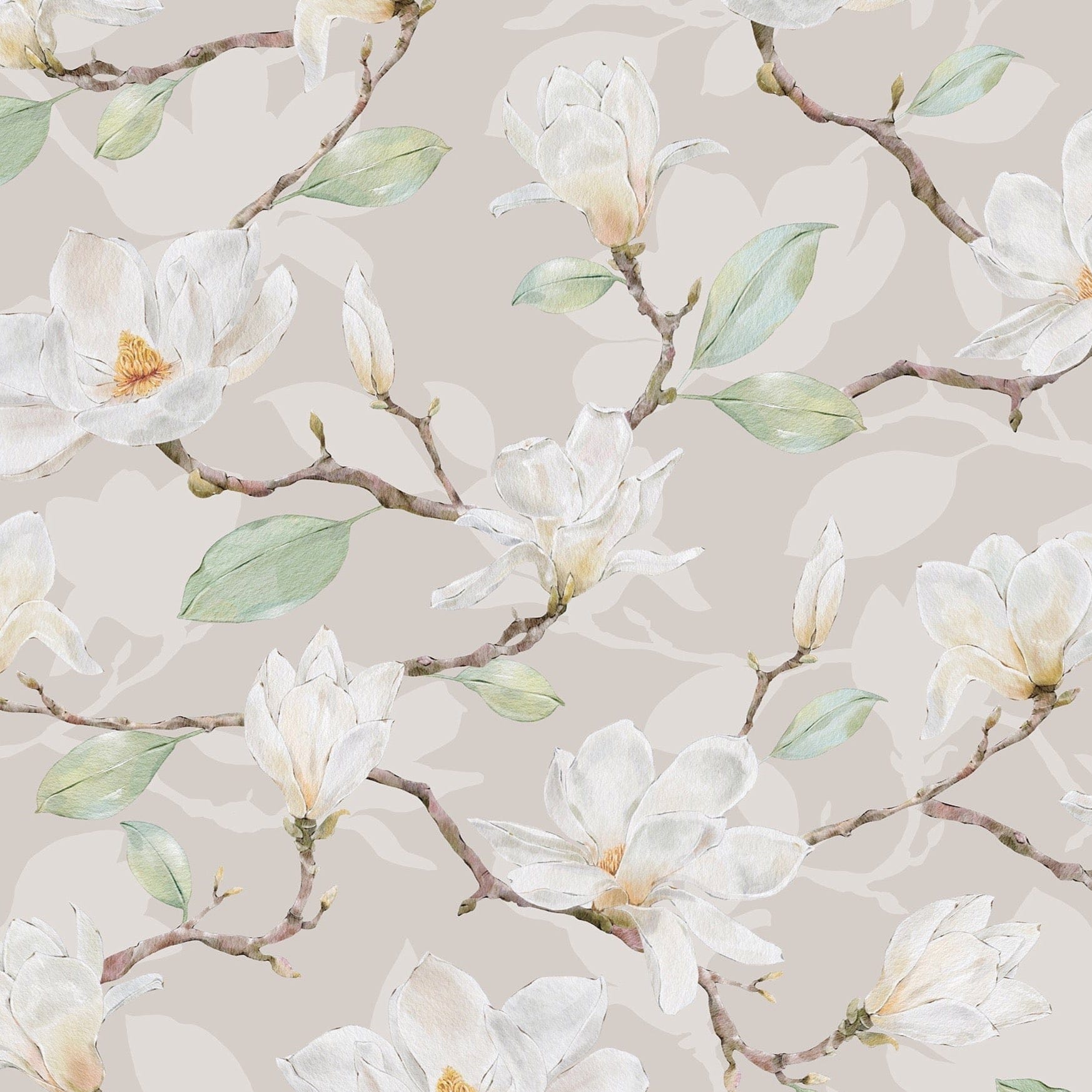 A close-up view of a watercolor magnolia wallpaper, displaying intricate details of magnolia flowers and branches on a neutral beige background, enhancing the wall with a touch of nature.
