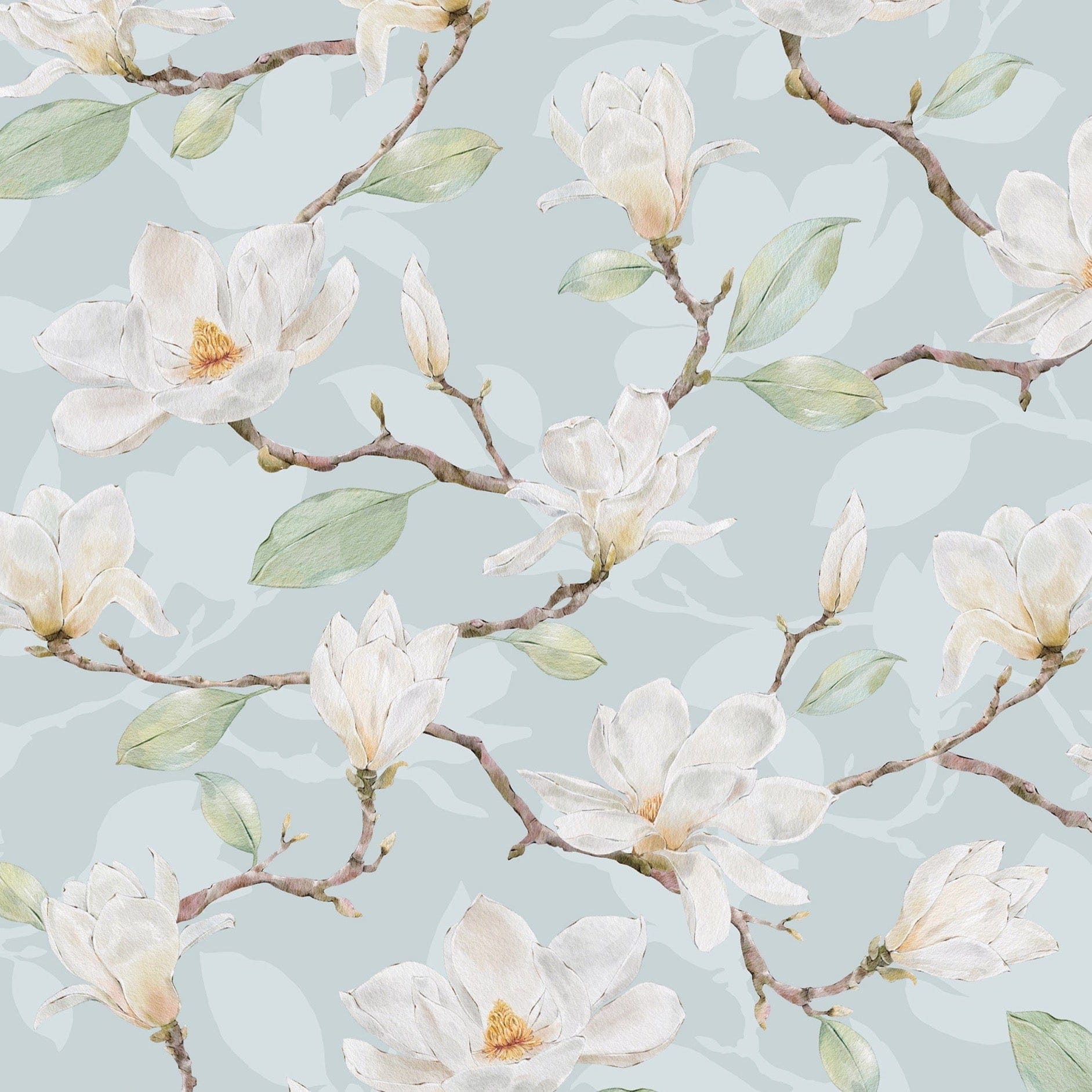 A close-up view of the 'Watercolour Magnolia Wallpaper II', where the artistry of the watercolor technique is evident in the soft brush strokes on the white magnolia flowers with hints of yellow at the center, set against a calming blue background, giving a touch of nature's elegance to any room.
