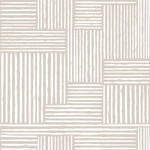 A close-up view of a section of Neutral Geometric Wallpaper, featuring a pattern of thick and thin beige lines creating an array of rectangles and squares on a light background.