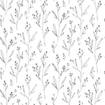 Dainty Black Floral Wallpaper with a seamless pattern of delicate black floral illustrations on a white background.