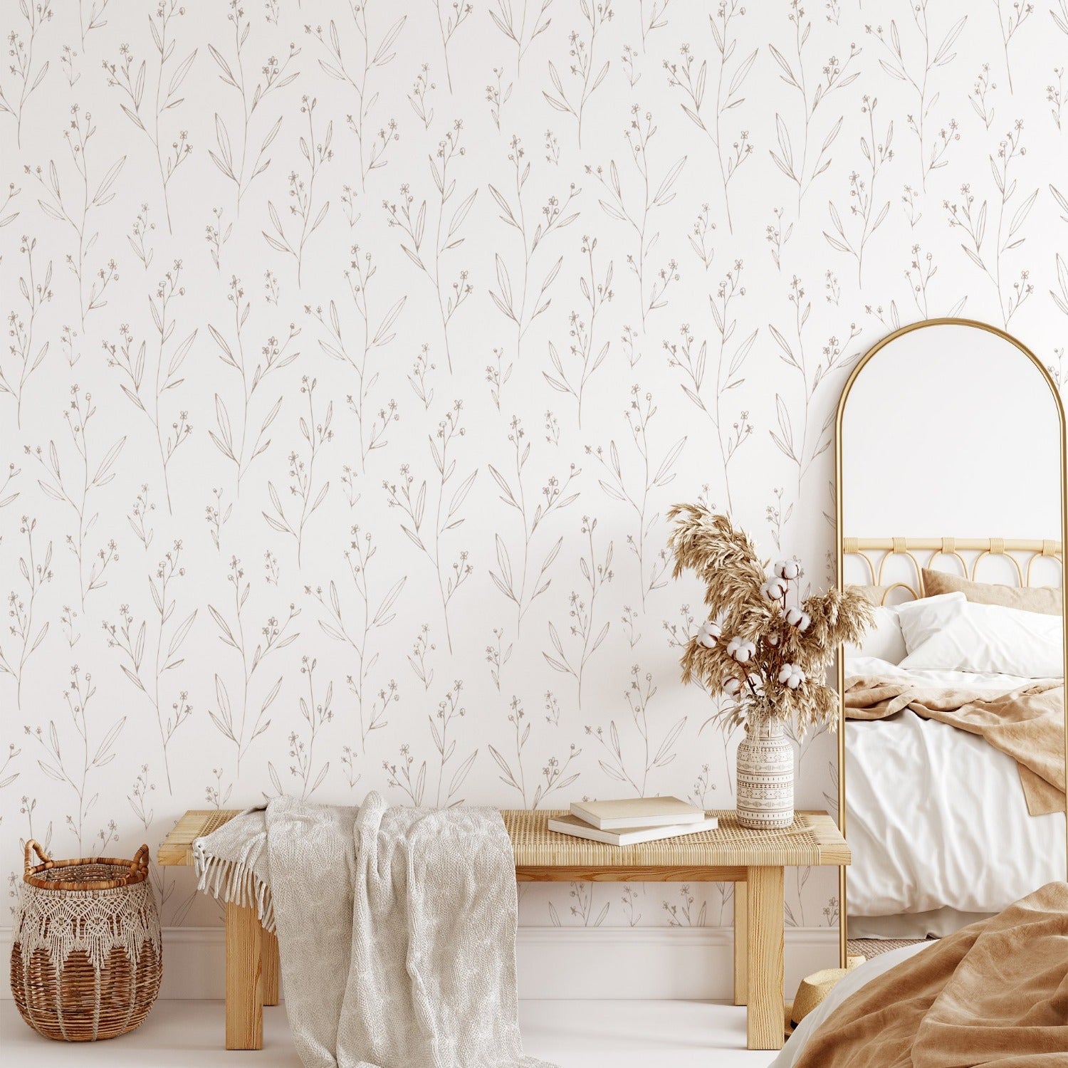 wallpaper, peel and stick wallpaper, Home decor, floral wallpaper, Dainty minimal floral wallpaper, Beige wallpaper, bedroom wallpaper, 