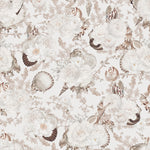 A wallpaper design featuring elegant white and beige sea shells, flowers, and foliage on a neutral background. The intricate pattern combines elements of the sea and floral motifs, creating a sophisticated and modern look.
