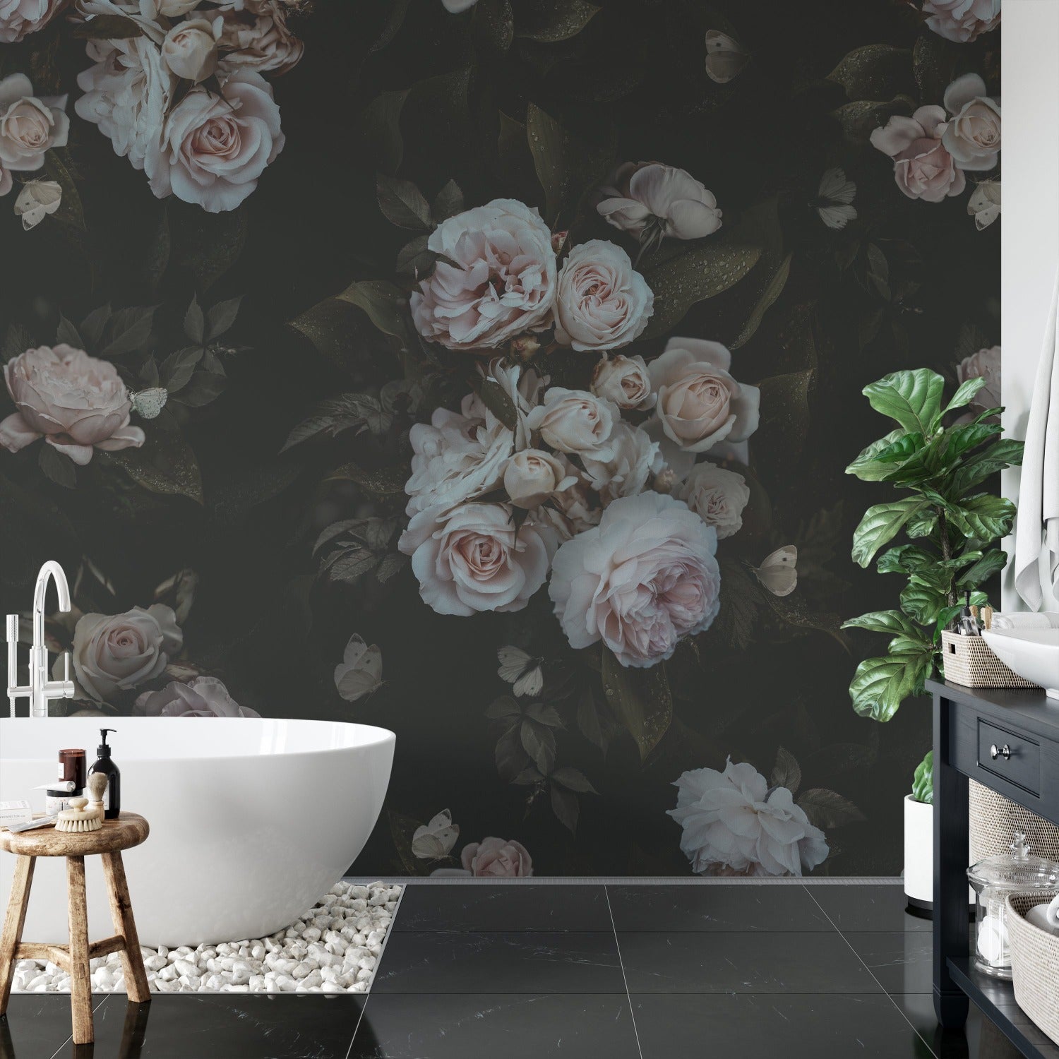 A luxurious bathroom featuring the Dark Rose Wallpaper - 75" on the wall behind a freestanding white bathtub, where the dark florals add an element of gothic romance to the modern and sleek decor