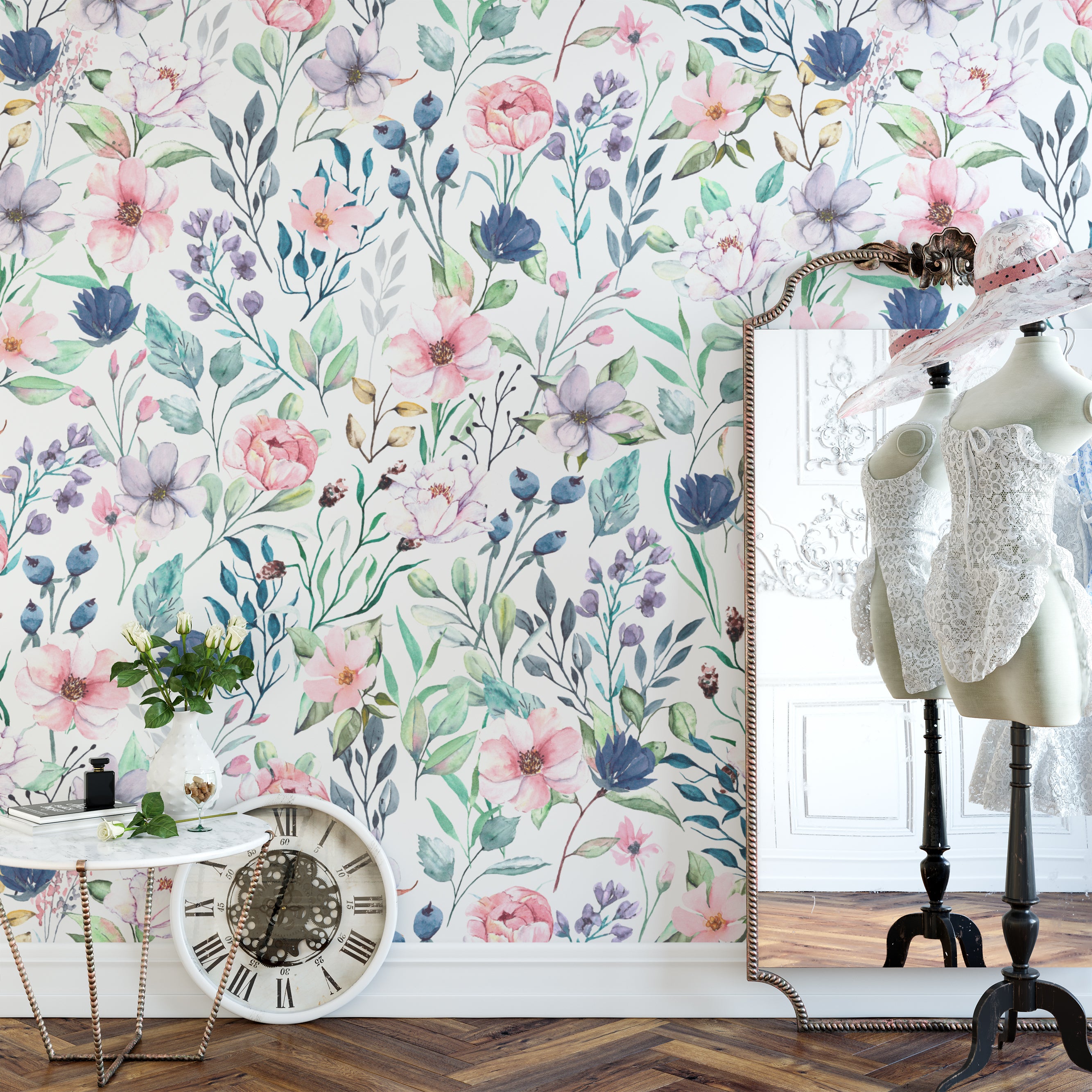 A boutique corner showcasing the Watercolor Floral Wallpaper IV, where the medium watercolor floral print adds a touch of elegance and a burst of color to the chic interior design.
