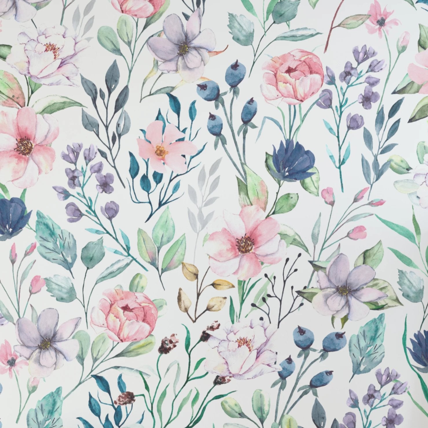 The Watercolor Floral Wallpaper IV displays a lush pattern of medium-sized watercolor blossoms, creating a vibrant and fresh wall covering for any space in need of a floral touch.