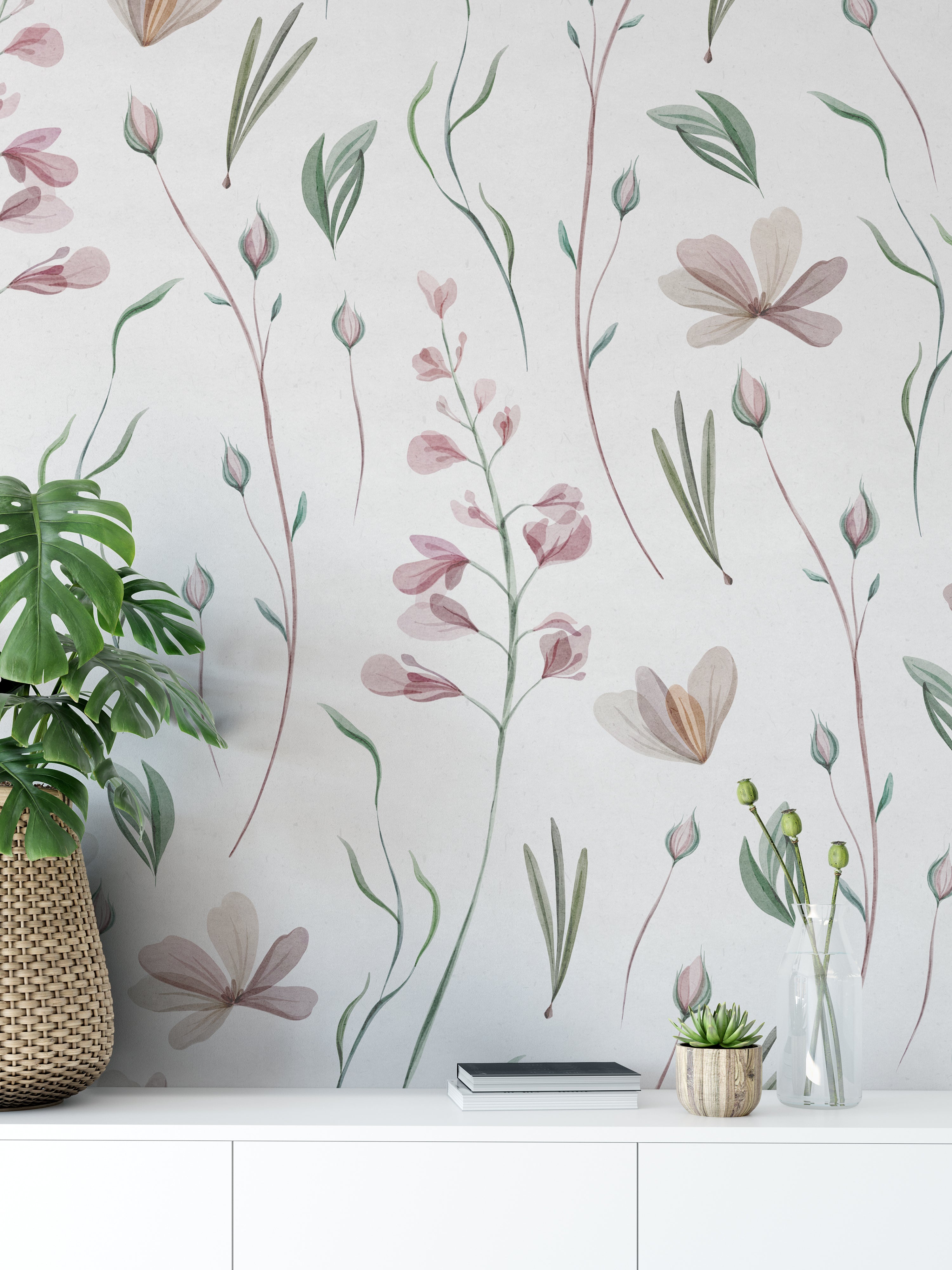 wallpaper, peel and stick wallpaper, Home decor, watercolor floral wallpaper, multicolor wallpaper, pink wallpaper, green wallpaper, watercolor wallpaper, floral wallpaper, 