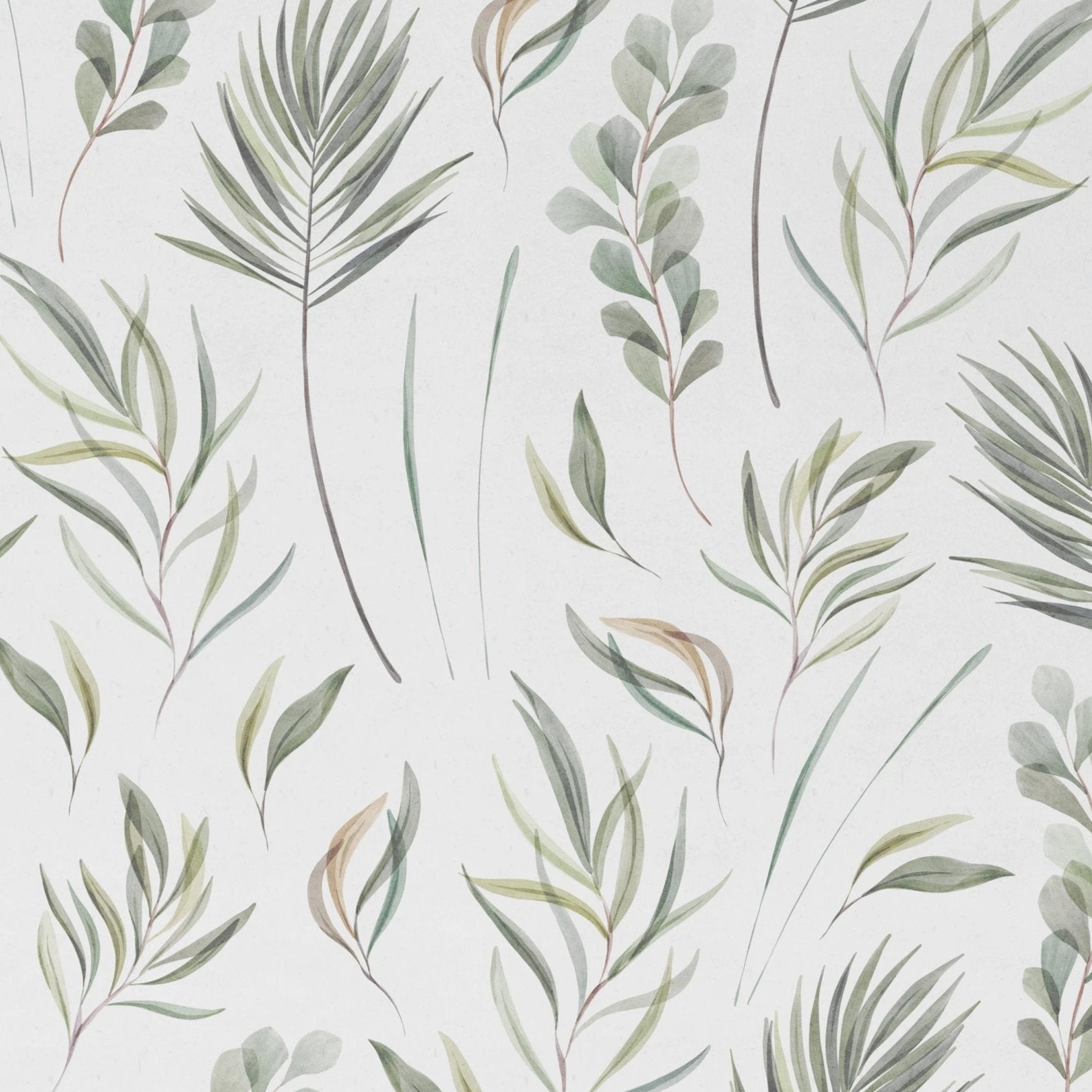 A close-up of the Green Floral Wallpaper, illustrating its detailed watercolor botanical pattern with various green foliage designs on a crisp white backdrop, perfect for adding a touch of nature to any space.