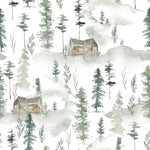 Watercolor illustration from In the Woods Wallpaper featuring a serene forest scene with tall pine trees and rustic cabins nestled among foggy hills. The color palette includes soft grays and greens, conveying a tranquil woodland atmosphere