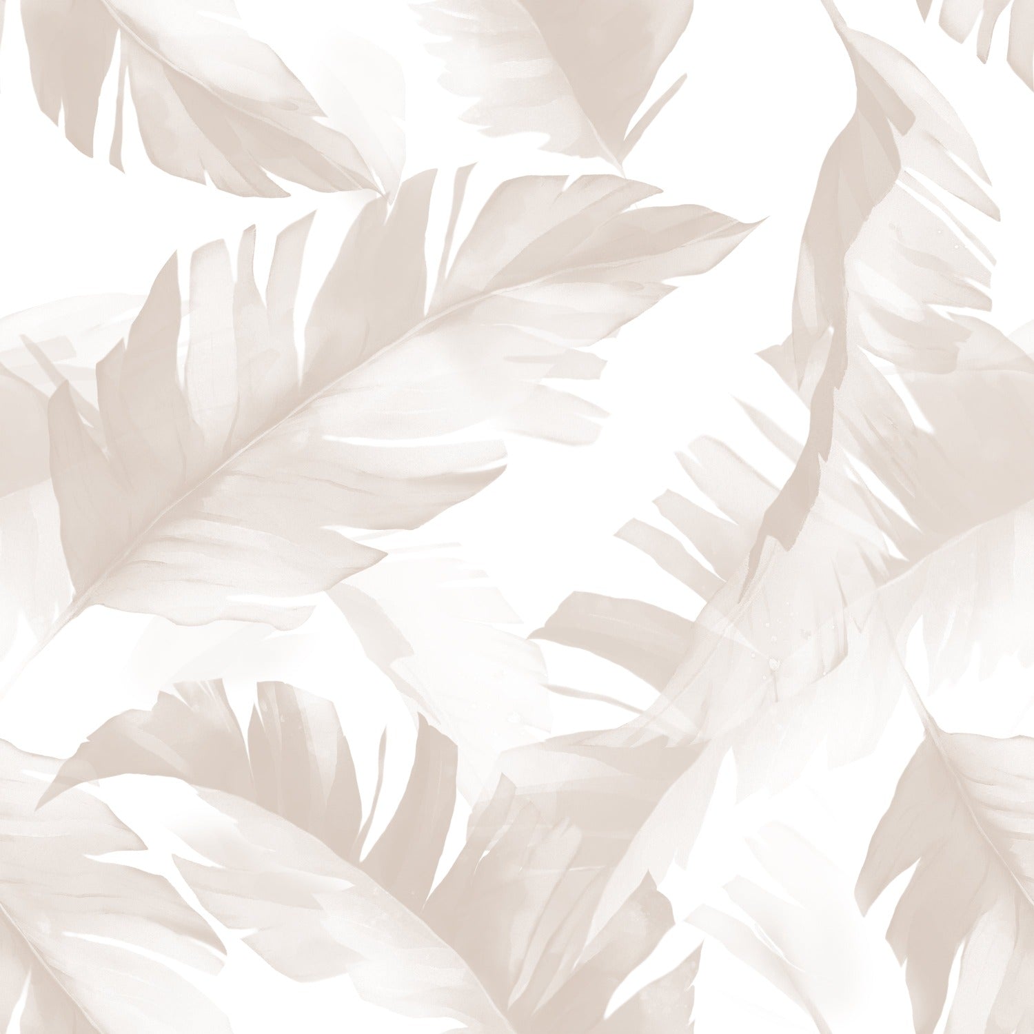 A delicate and soft pattern of tropical leaves in muted beige tones spread across a clean white background. The subtle leaf design suggests a serene and natural ambience, suitable for a peaceful and minimalist decor theme.