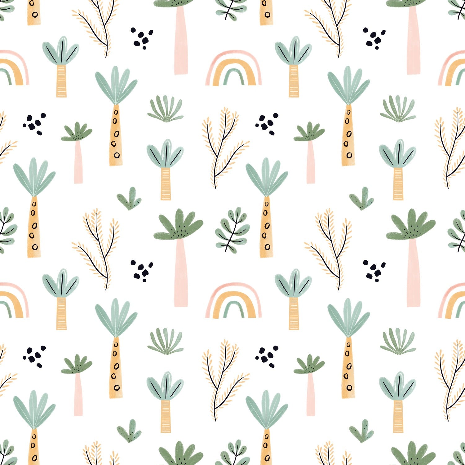 A playful and charming wallpaper pattern from the Tropical Kids Room Wallpaper collection, featuring whimsical illustrations of trees, leaves, and abstract shapes in a soft pastel color palette of greens, yellows, pinks, and black dots on a clean white background.