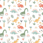 Close-up of the Dinosaur Nursery Wallpaper, highlighting the intricate details of the cute dinosaur characters and accompanying botanical elements in a soft, pastel color scheme, perfect for a nurturing and creative nursery environment.